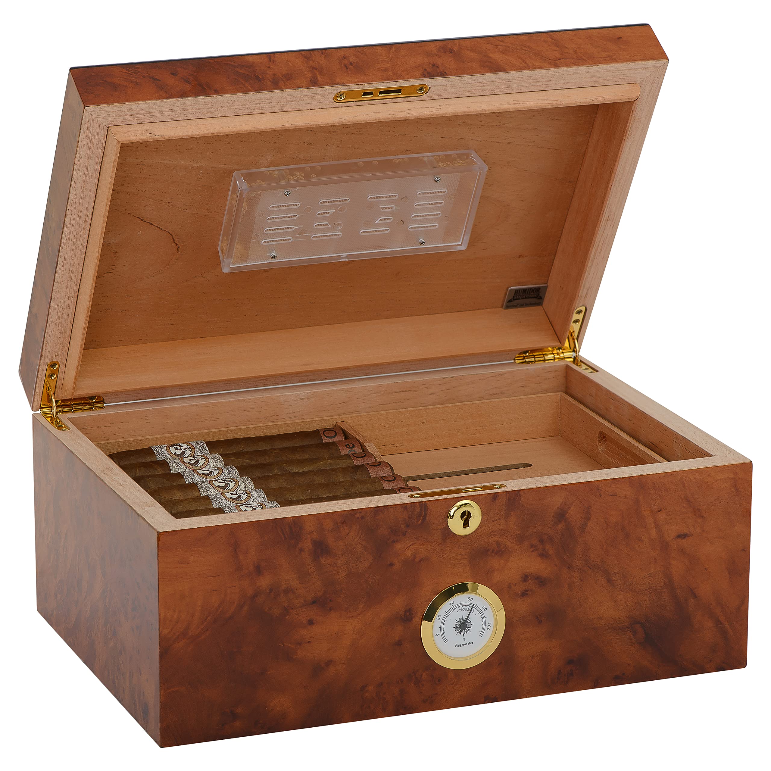 Premium Santorini Cigar Humidor - Rustic Burl Wood Desktop Storage with Blue Inlay, Glass Hygrometer & Spanish Cedar Tray - Holds 40-75 Cigars - Perfect for Home Office, Man Cave or Gift for Cigar Enthusiasts