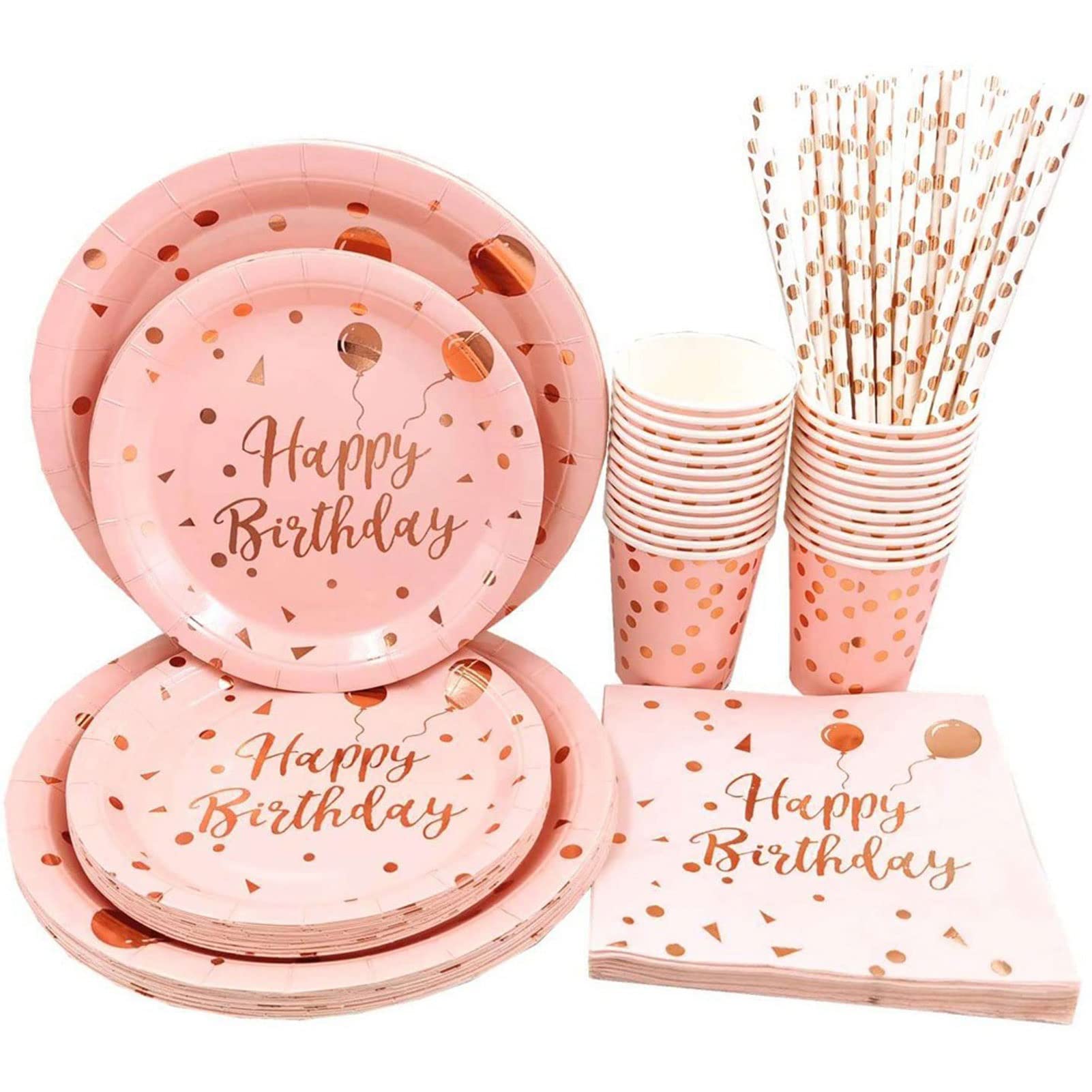 Bronze Pink Balloon Disposable Party Tableware Set - 142pcs Includes Paper Cups, Plates, Napkins & Straws for Birthday, Baby Shower & Wedding Celebrations
