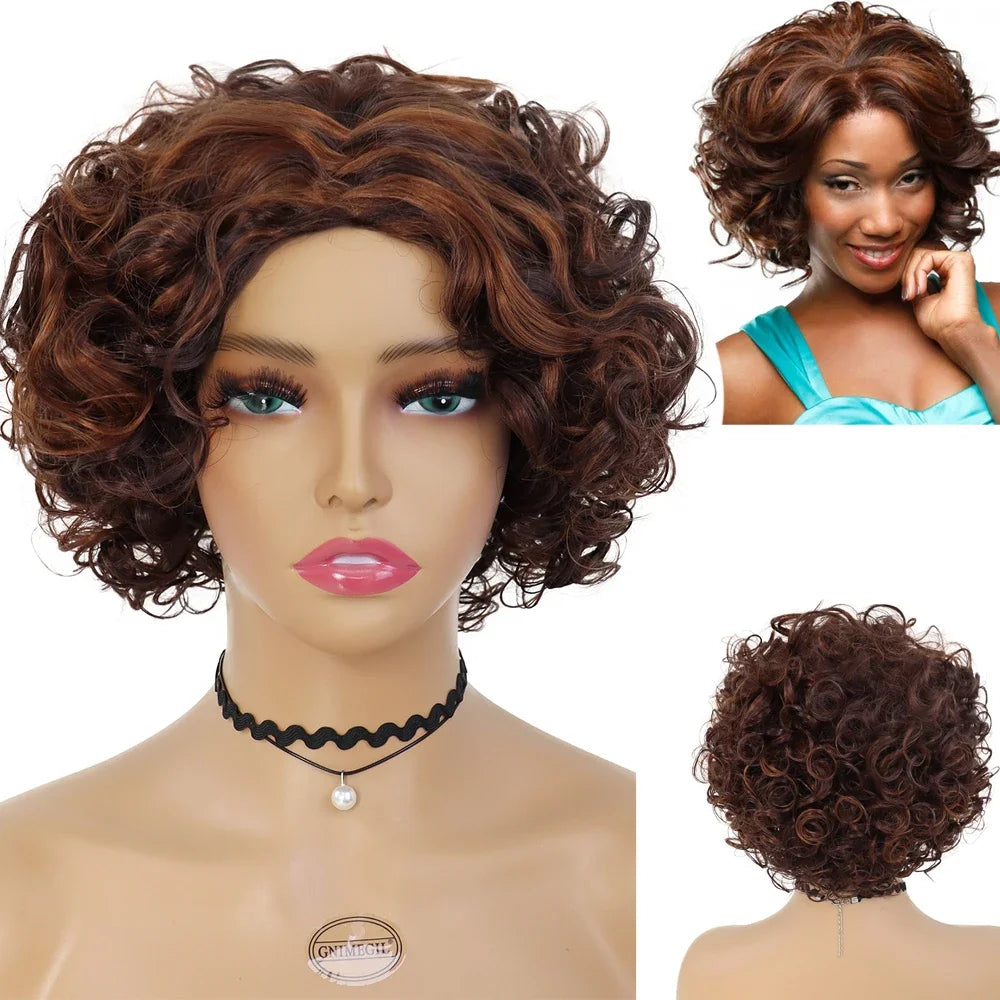 Afro Short Curly Synthetic Wig with Bangs for Women - Heat Resistant High Temperature Fiber Wig in Mix Brown Color | Fashionable & Cute Hairstyle for Cosplay, Parties & Daily Wear