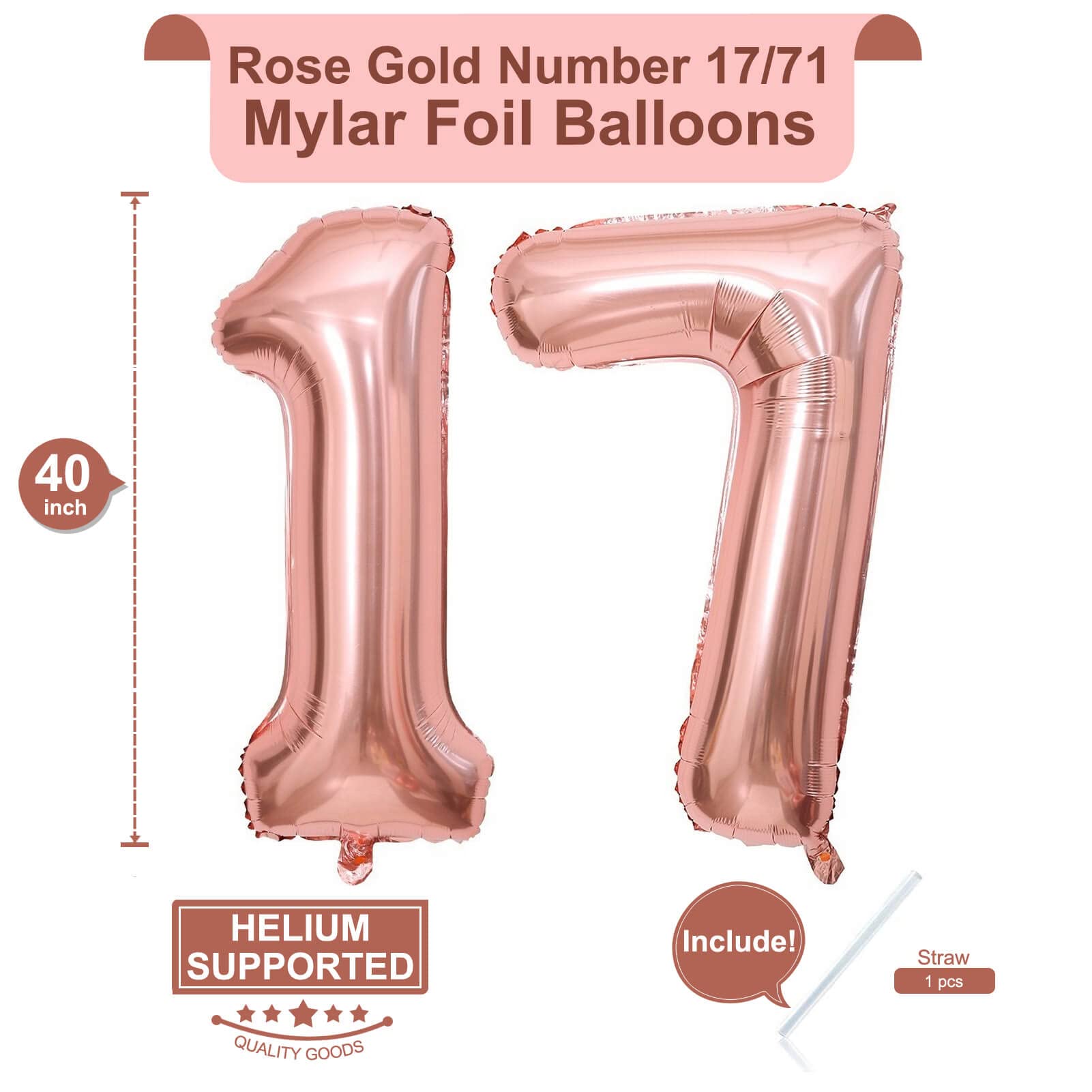 40 Inch Rose Gold 17 Number Balloons - Giant 17th Birthday Party Decorations, Anniversary Celebration Supplies (Set of 1) - Perfect for Sweet 16, Quinceañera, Graduation & Gender Reveal Parties