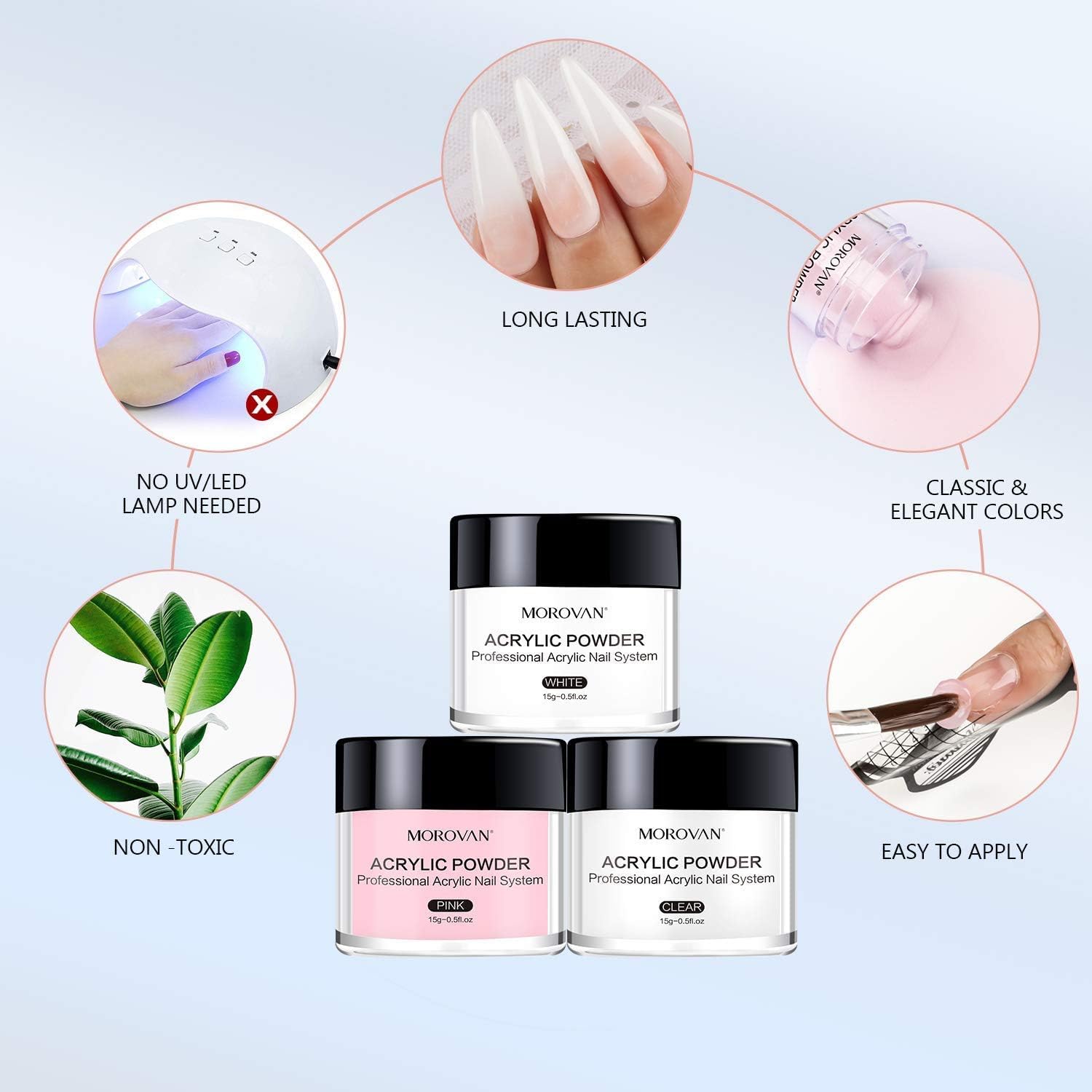 Morovan Professional Acrylic Nail Kit - Clear, Pink & White Acrylic Powder with Liquid Set for DIY Nail Extensions | Beginner-Friendly Home Manicure Kit with Nail Brush | Perfect for Salon-Quality Nails at Home, Parties & Special Occasions