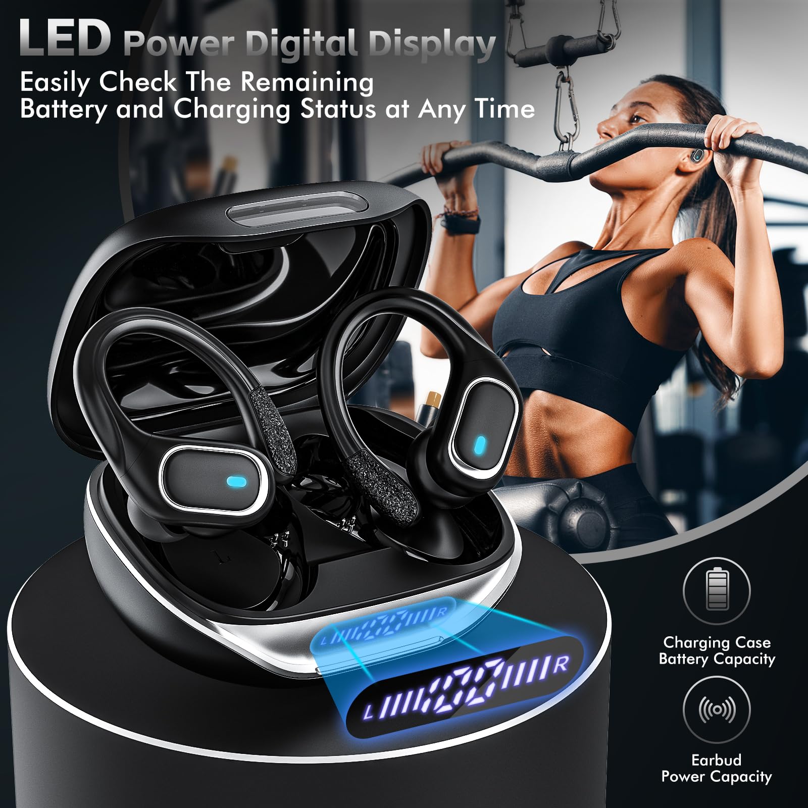 Wireless Earbuds Bluetooth 5.3 Headphones - 80Hrs Playtime, IPX7 Waterproof, Wireless Charging Case, Secure Earhooks for Running, Gym & Sports - Black (Perfect for Workouts, Commuting & Travel)