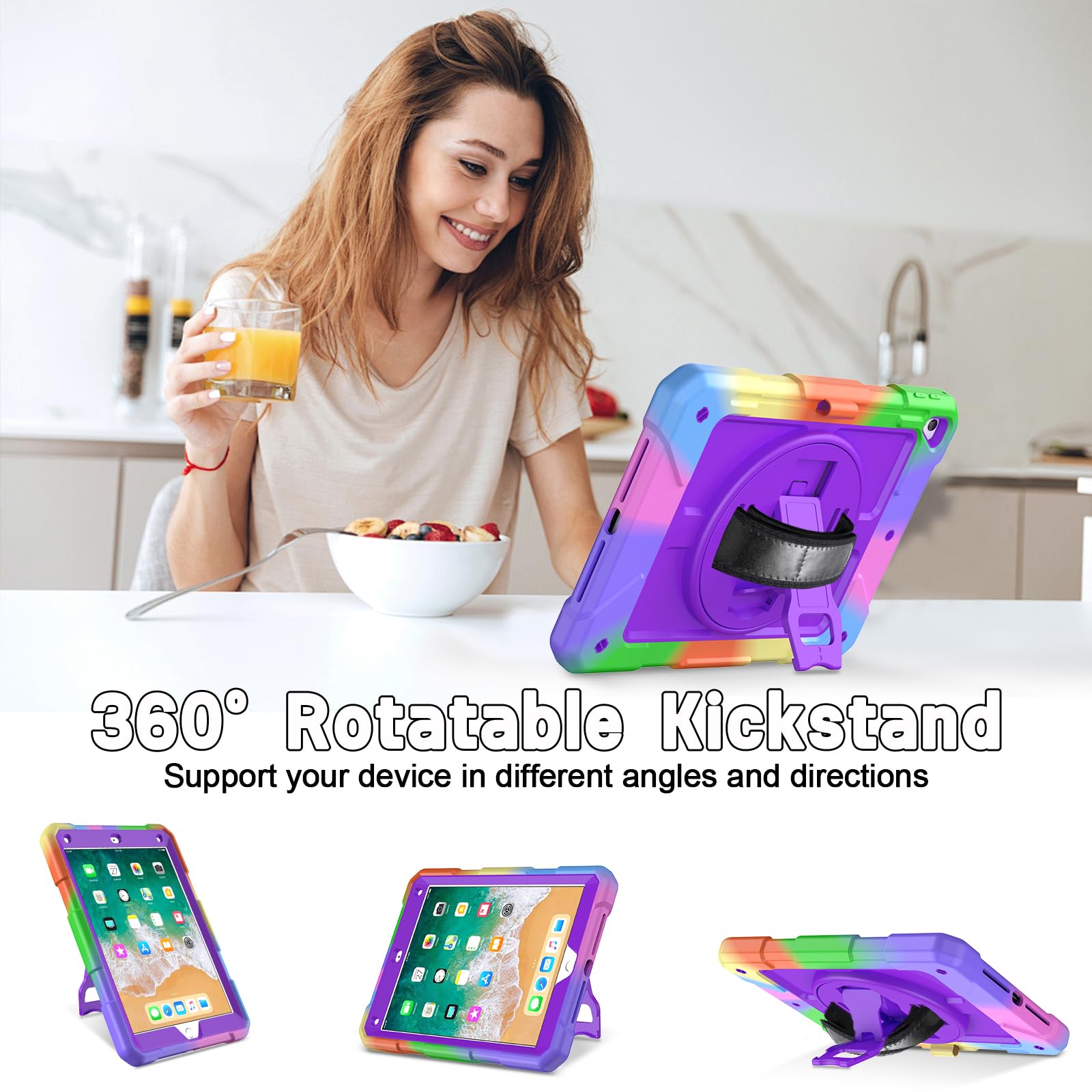 LTROP Shockproof iPad Case for 6th/5th Gen & iPad Air 2 (9.7 inch) - Kids Protective Cover with 360° Rotating Stand, Pencil Holder & Hand Strap (Purple) | Perfect for School, Travel & Home Use