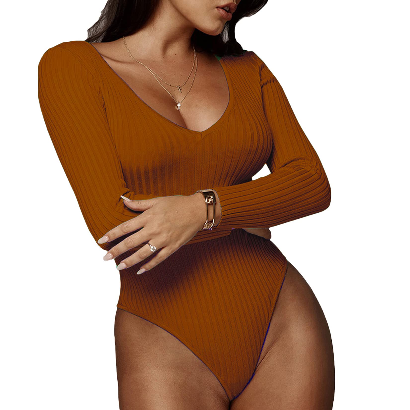 Sexy V Neck Bodysuit for Women - Basic Ribbed Long Sleeve Jumpsuit Top | Fall Fashion Layering Piece for Date Night & Office Wear