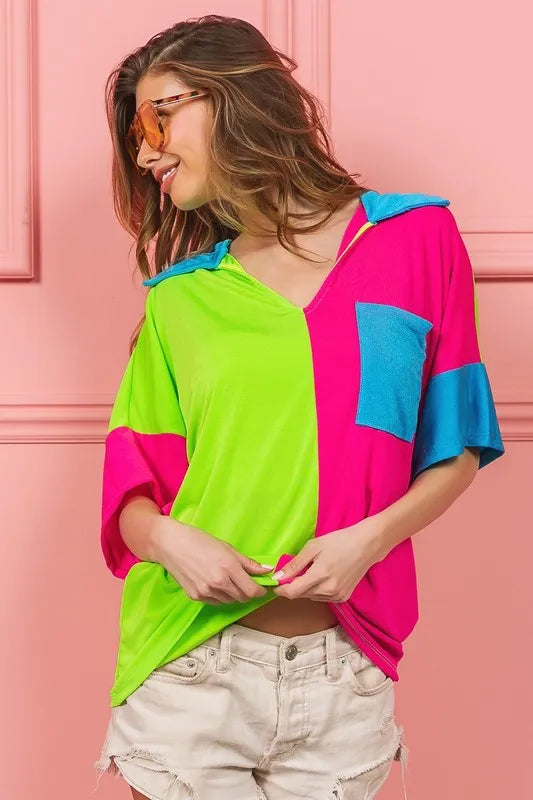 BiBi Slinky Knit Color Block V-Neck Top | Women's Fashion T-Shirt for Casual Wear & Layering