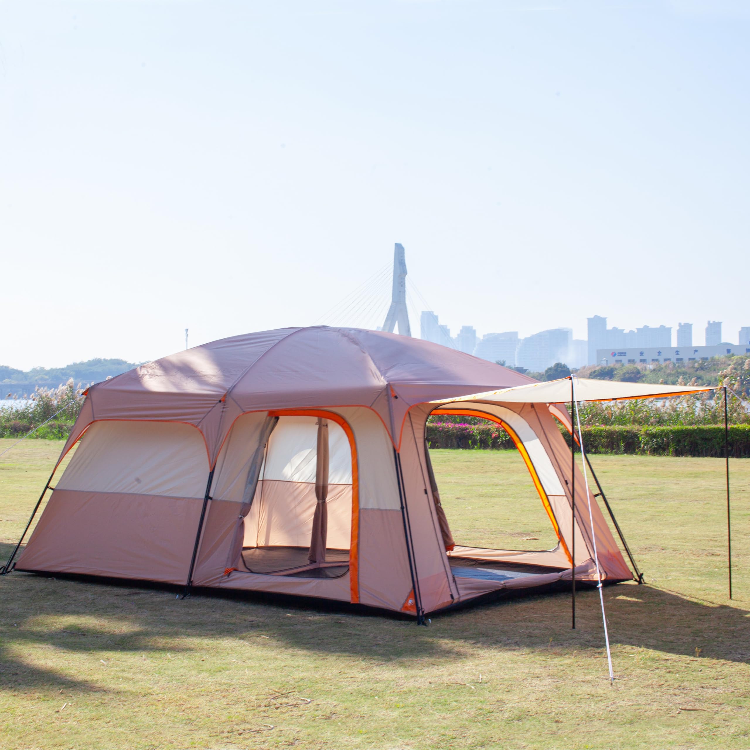 KTT Extra Large Family Cabin Tent for 10-12-14 People (Style-B) - 2 Rooms, 3 Doors & 3 Windows with Mesh, Waterproof Double Layer Straight Wall Design - Perfect for Camping, Picnics, Outdoor Adventures & Family Gatherings