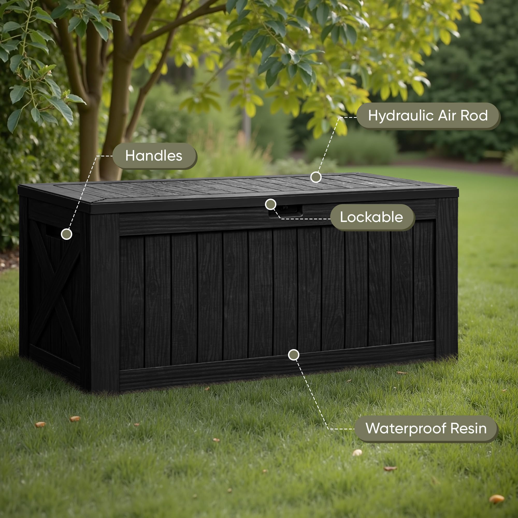 Flamaker 120 Gallon Waterproof Resin Deck Storage Box - Large Outdoor & Indoor Storage Container, Durable Imitation Wood Resin for Patio Furniture, Garden Tools, Pool Accessories - Perfect for Backyard, Deck, Poolside & Garage Organization (Black)