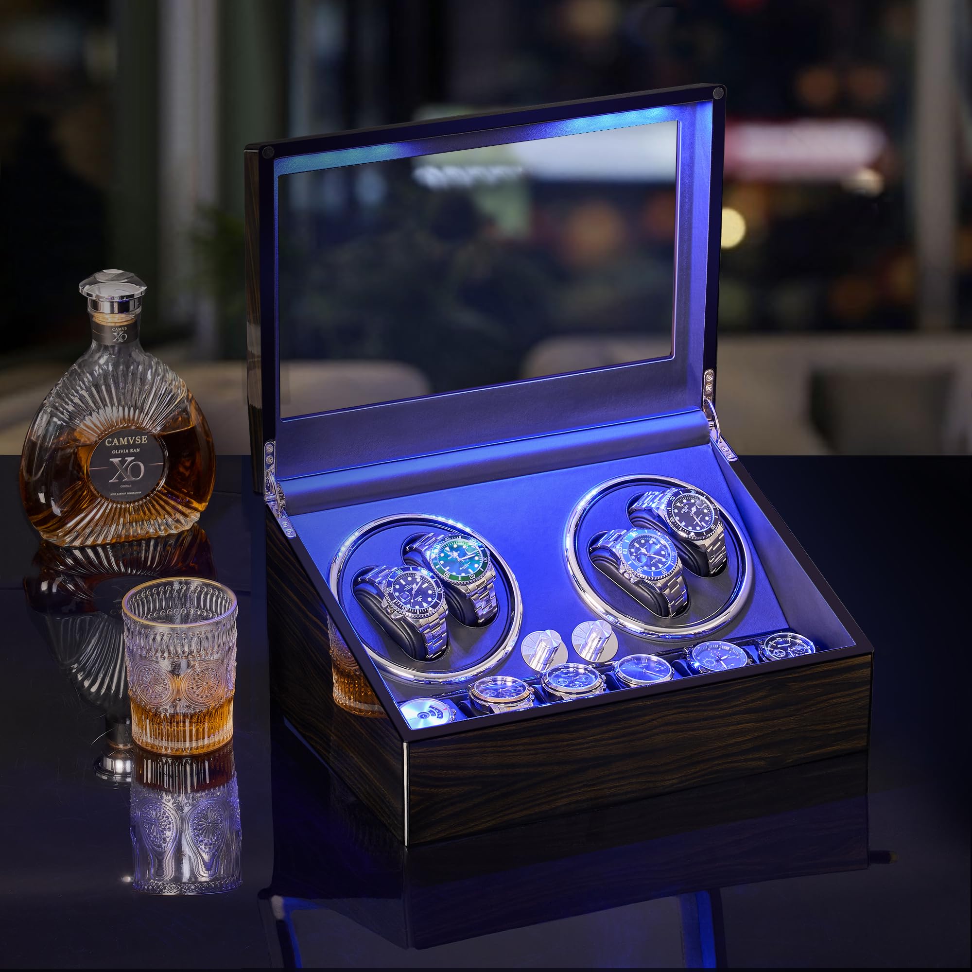 ANWBROAD Watch Winder for Automatic Watches - Super Quiet Mabuchi Motor, 4 Watch Rotator with 6 Storage Slots, LED Backlight, 4 Rotation Modes, USB Powered - Perfect for Travel, Office & Home Display