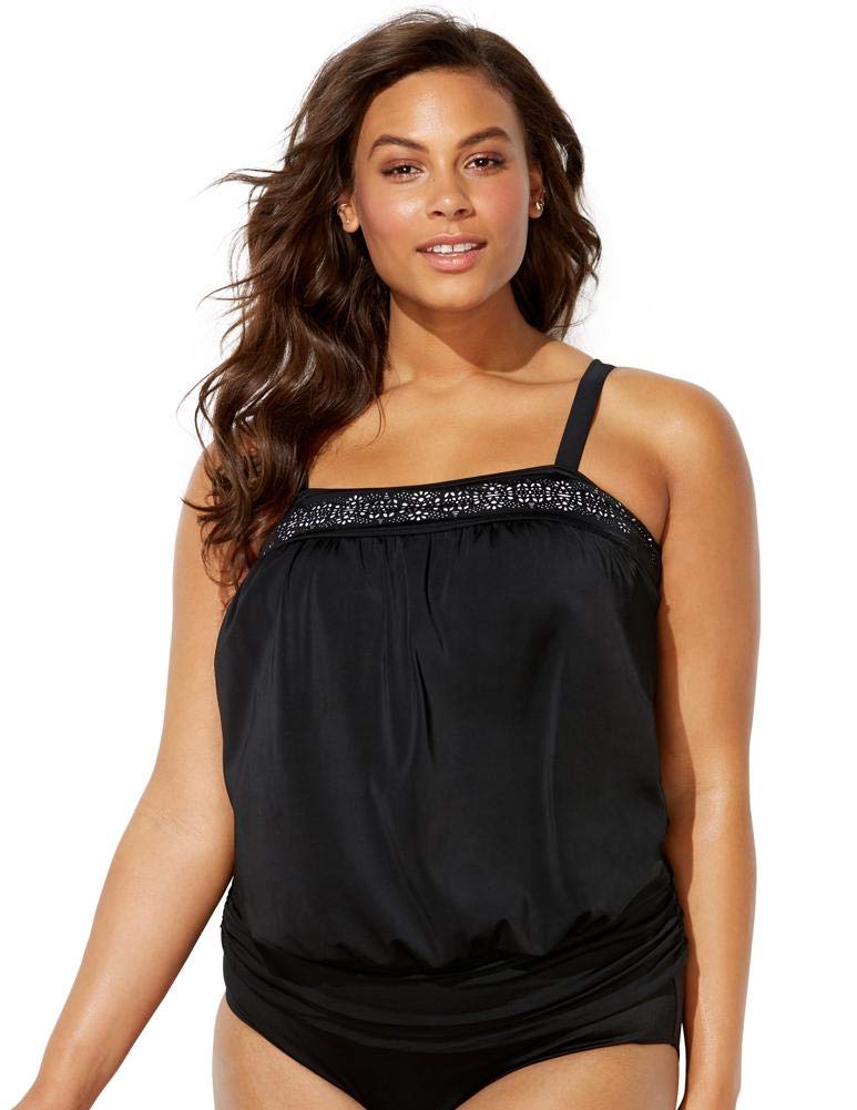 **Plus Size Women's Laser Cut Blouson Tankini Top - Flattering Swimwear for Beach, Pool & Vacation**