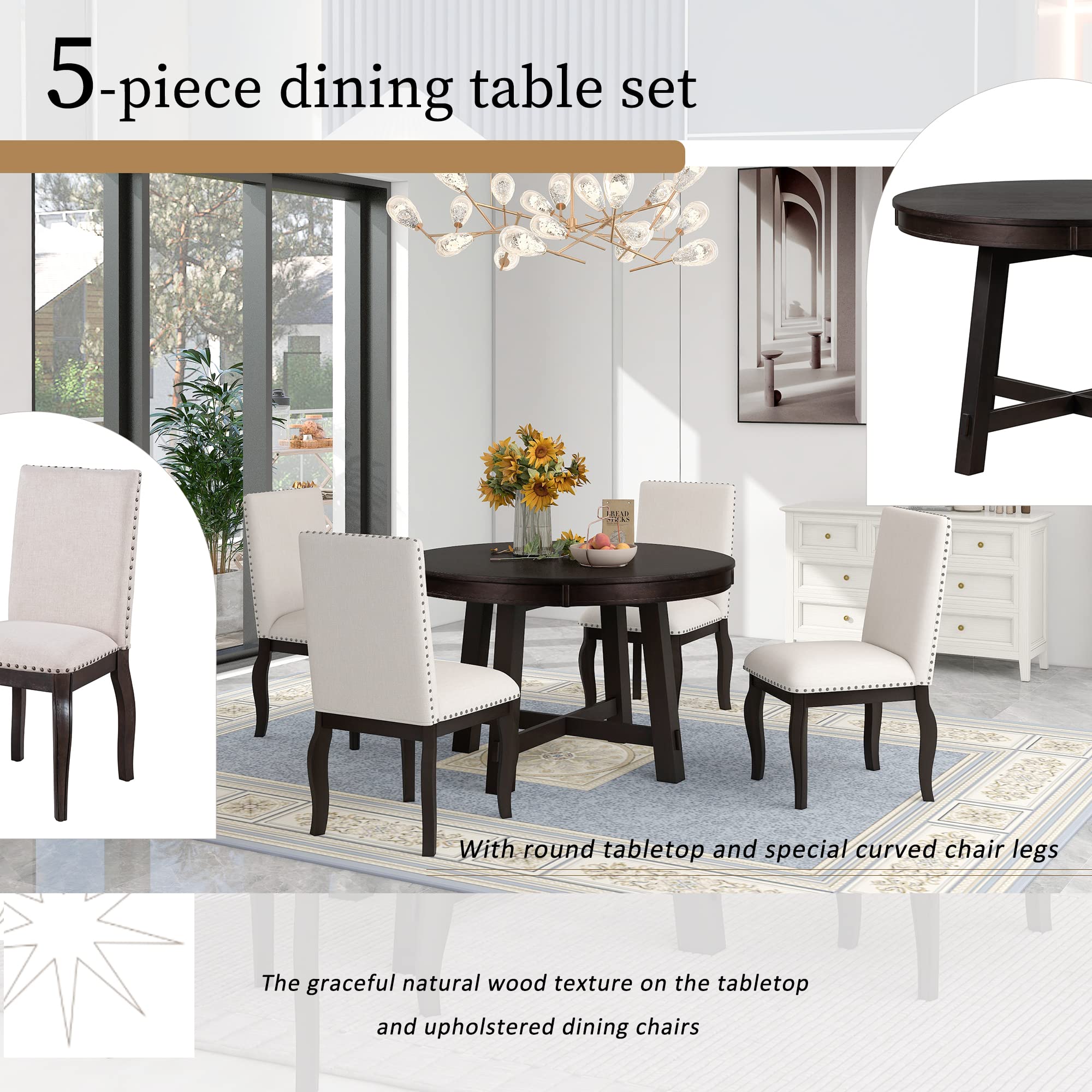 Quarte 5-Piece Farmhouse Dining Table Set - Extendable Round Wood Table with 4 Upholstered Chairs in Espresso, Perfect for Small Spaces, Family Gatherings & Cozy Meals