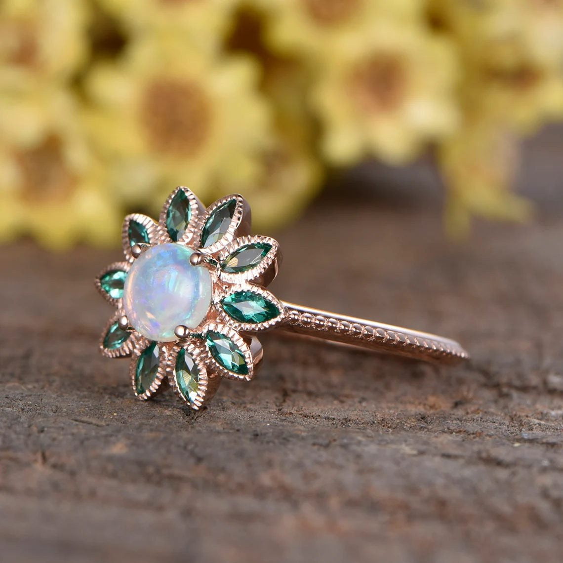 Australian Boulder Opal Flower Emerald Halo Engagement Ring - Nature Inspired Cluster Wedding Ring for Women, Perfect for Proposals, Anniversaries & Special Occasions