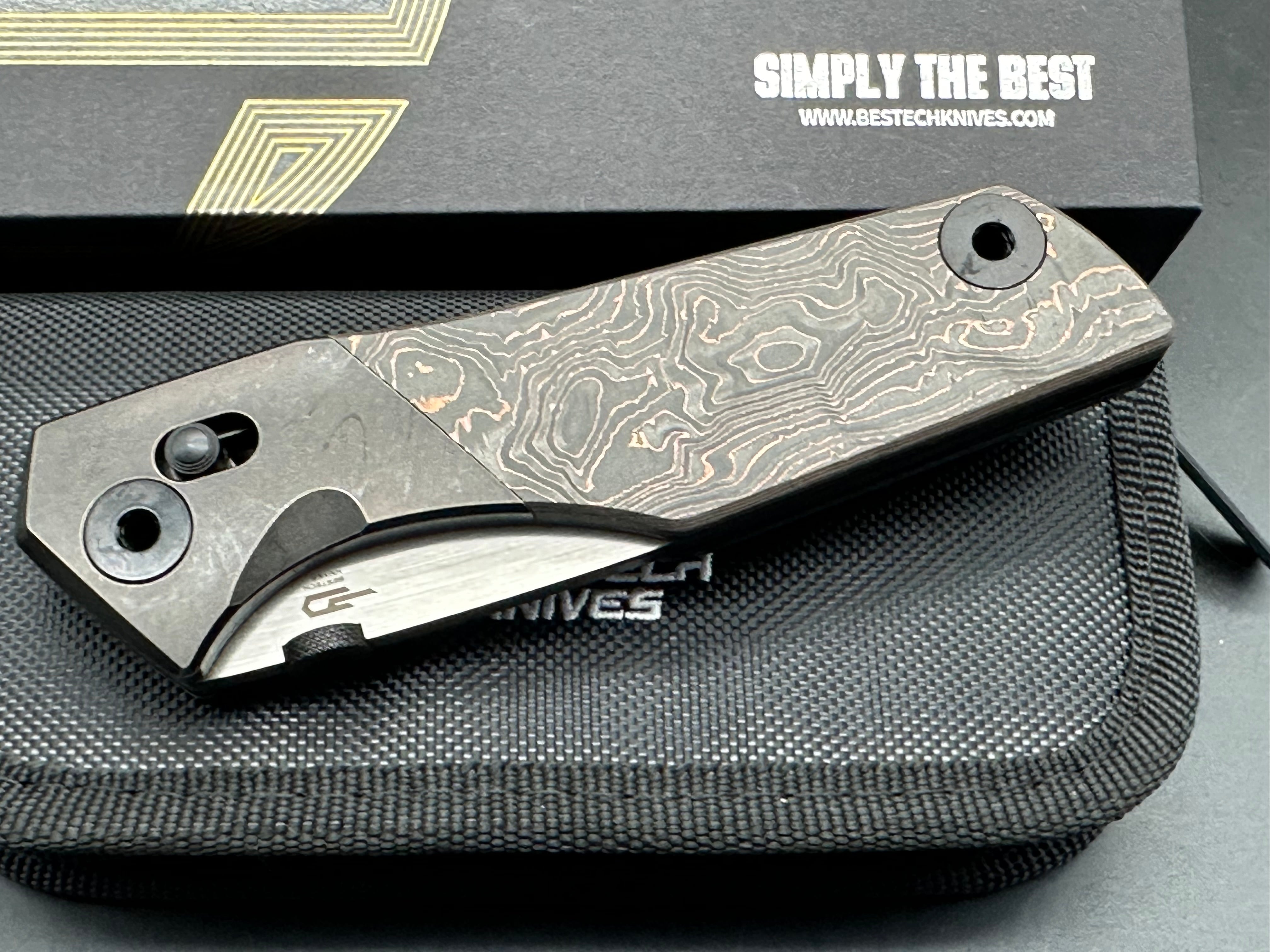 Bestech Poltergeist Works Cetus Folding Knife - Copper Foil Handle with Bronze Ti Bolster, Two-Tone Satin & DLC Black M390 Blade - EDC, Outdoor, Camping, Survival Gear
