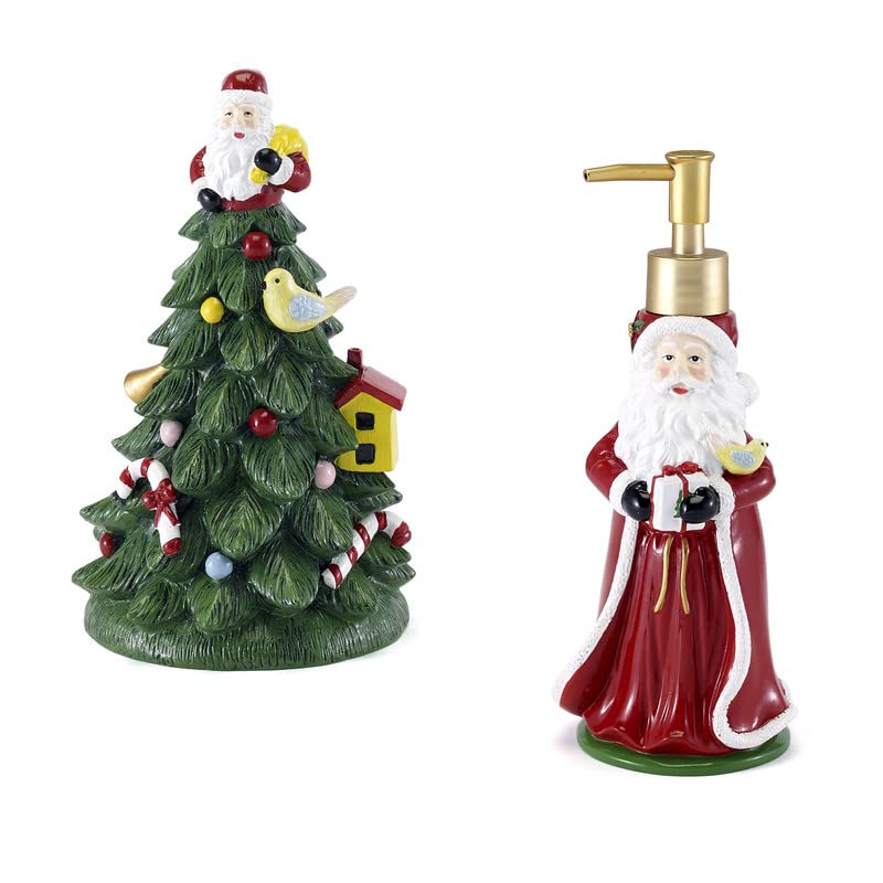 Spode Christmas Tree Resin Soap Dispenser & Toothbrush Holder Set - 2pc Festive Bathroom Accessories for Holiday Decor - Perfect for Christmas Home Decor & Gift Giving