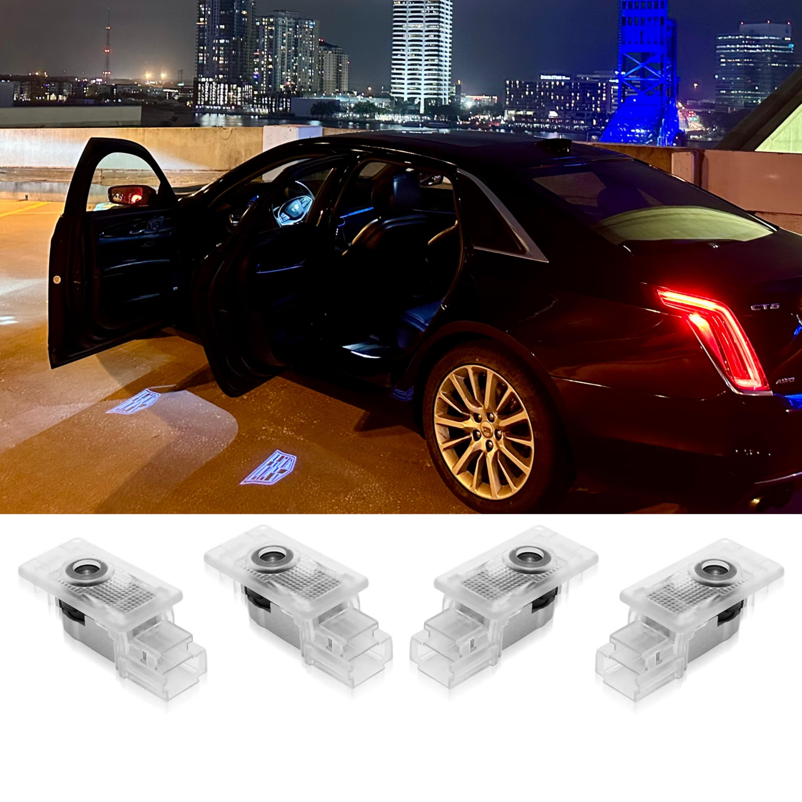 MKFlip 4PC LED Car Door Projector Lights - Compatible with Cadillac SRX CT6 XTS ATS XT4 XT5 XT6 | Dual Plug Puddle Lights with Custom Logo Projection | Welcome Courtesy Shadow Lights for Nighttime Safety & Style
