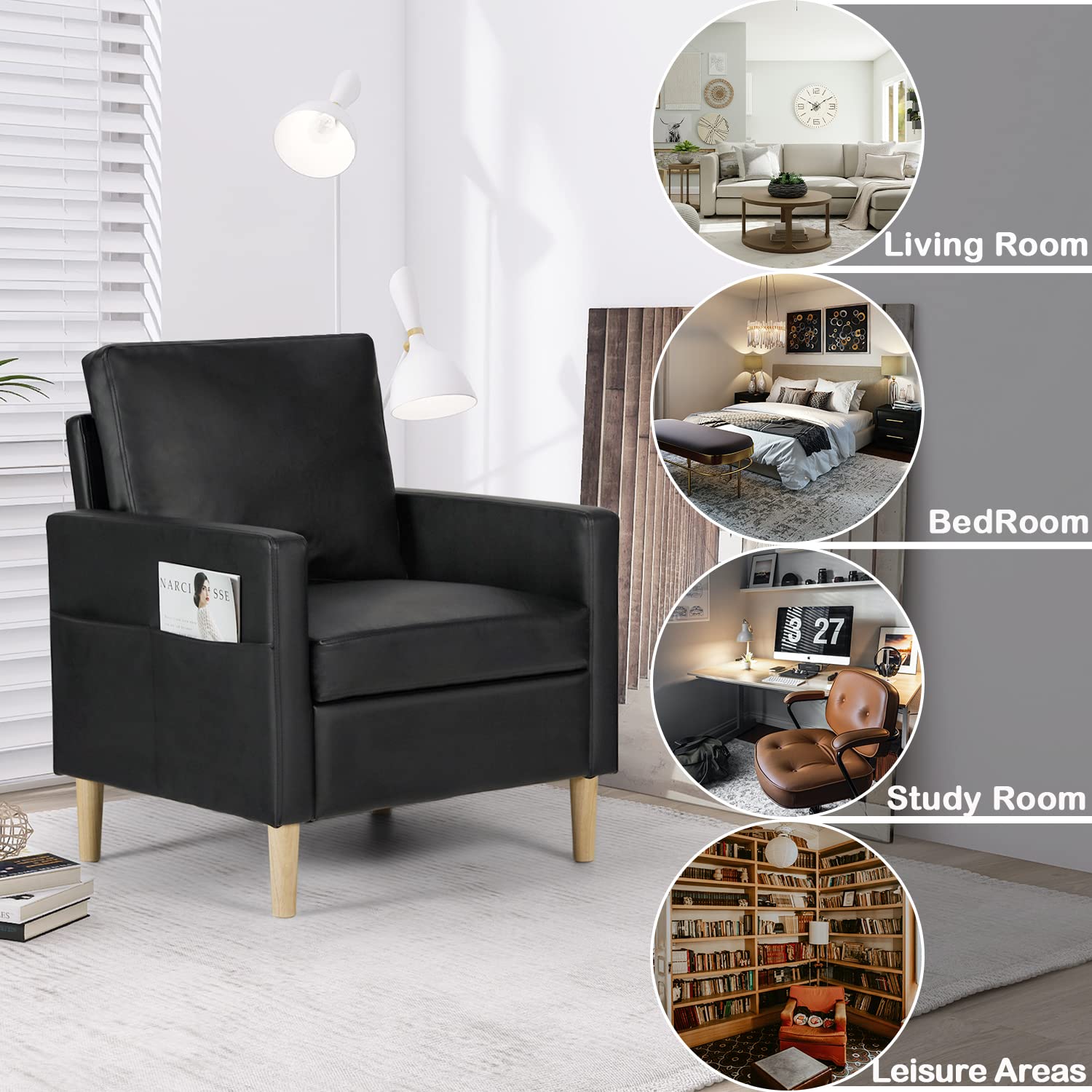 AILEEKISS Mid-Century Modern Upholstered Faux Leather Accent Armchair Set of 2 - Living Room, Apartment, Dorm & Office Furniture for Small Spaces (Black) - Perfect for Compact Homes, Reading Nooks & Guest Seating