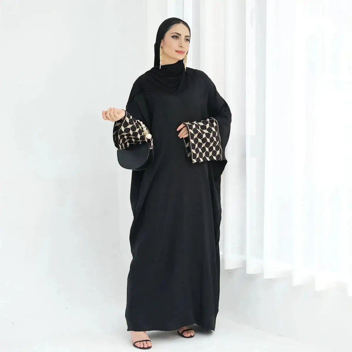 Elegant Embroidered Keffiyeh Sleeve Wrinkle Cardigan Open Abaya Dress for Women - Boho Chic Loungewear & Modest Fashion Outfit