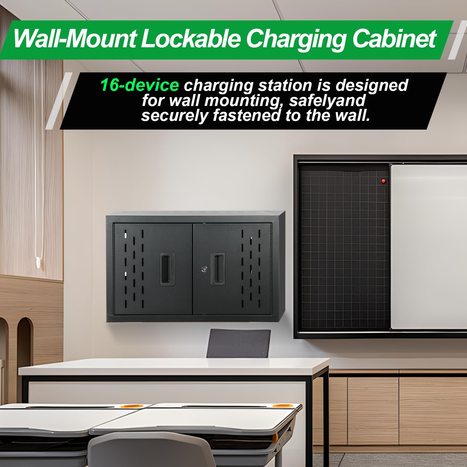 16-Device Wall-Mount Charging Station for Laptops & Tablets - Secure Storage Cabinet for Chromebooks, Laptops & Tablets - Ideal for Classrooms, Libraries, Offices & Conference Rooms - Lockable Black Charging Cart with Multi-Device Organization