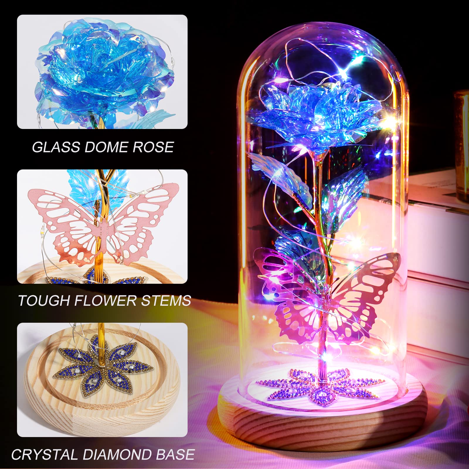 Beferr Preserved Rose in Glass Dome - Eternal Artificial Flower Gift for Women, Mom, Wife, Daughter, Grandma - Birthday, Mother's Day, Anniversary Present - Blue Galaxy Rose - Perfect for Home Decor, Office Desk, Romantic Surprise & Special Occasions