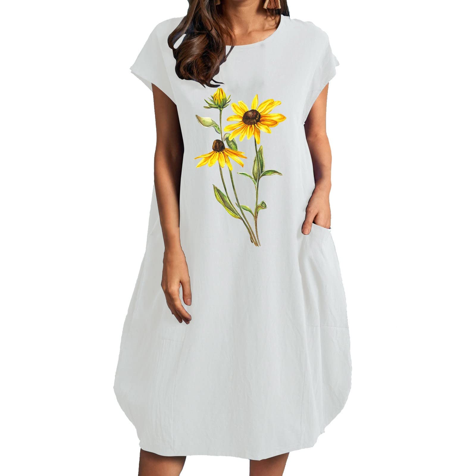 Women's Sunflower Printed Loose Short Sleeve Summer Dress - Round Neck Business Casual Dress for Work & Vacation | Perfect for Office, Beach & Outdoor Events