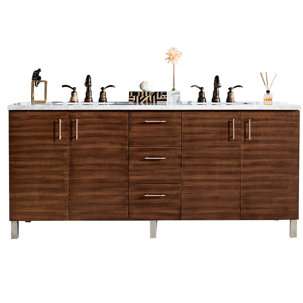72 Inch Double Bathroom Vanity with American Walnut Base & 3CM Eternal Jasmine Pearl Quartz Countertop - Perfect for Master Bathroom Renovation & Luxury Home Decor