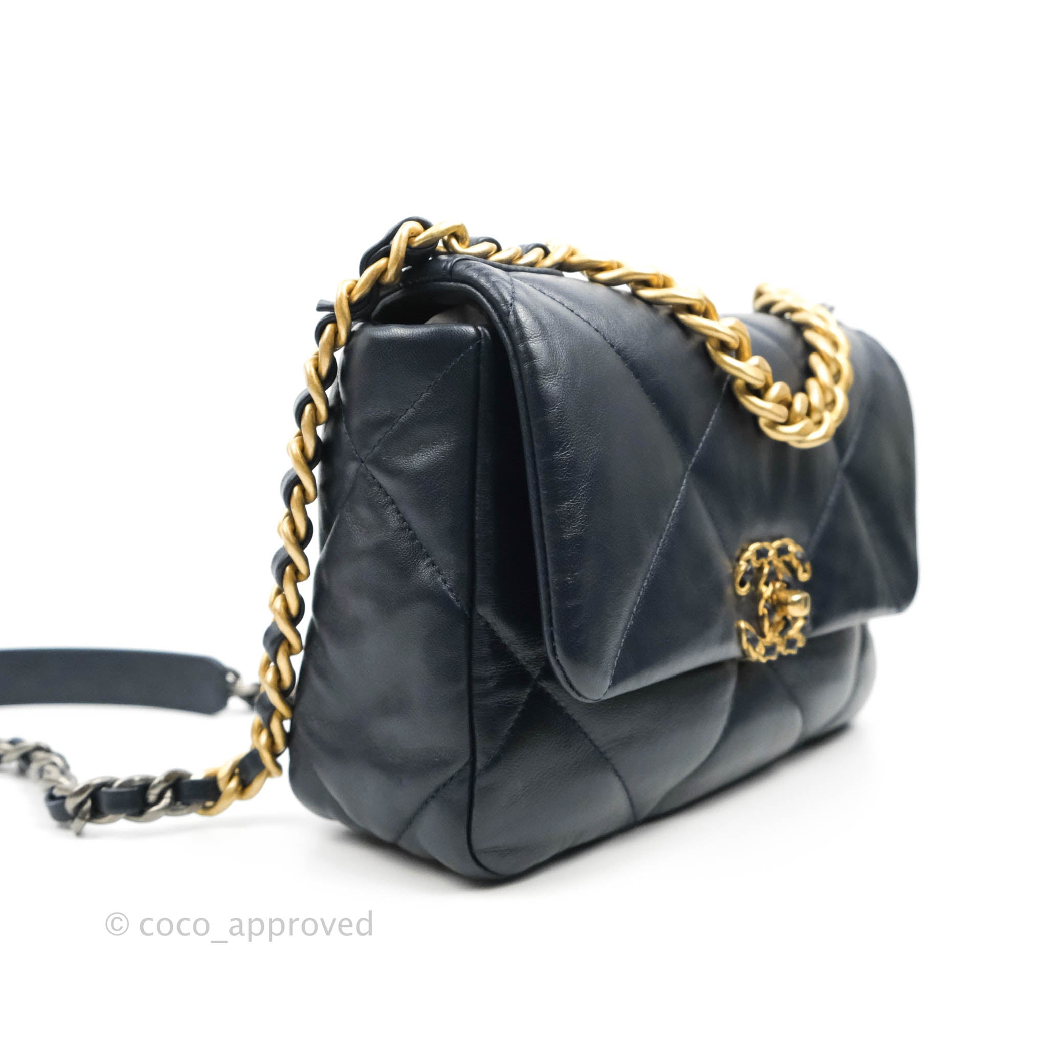 Chanel 19 Small Navy Blue Leather Flap Bag with Mixed Gold & Silver Hardware - Perfect for Work, Date Night & Luxury Fashion Lovers