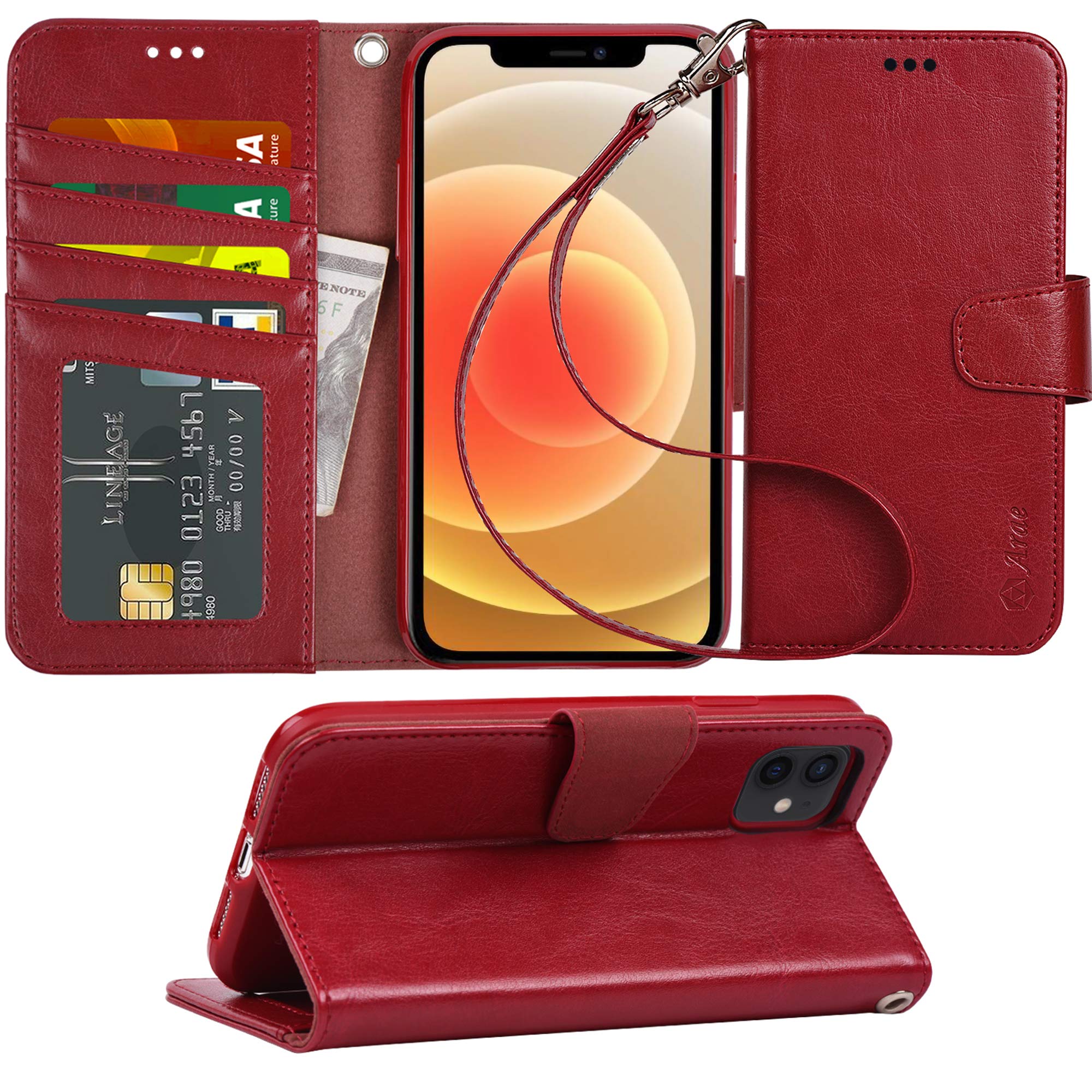 Arae iPhone 12/12 Pro Wallet Case with Card Holder & Wrist Strap - Premium Flip Cover for Women & Men (Wine Red) | Perfect for Daily Use, Travel & Hands-Free Convenience