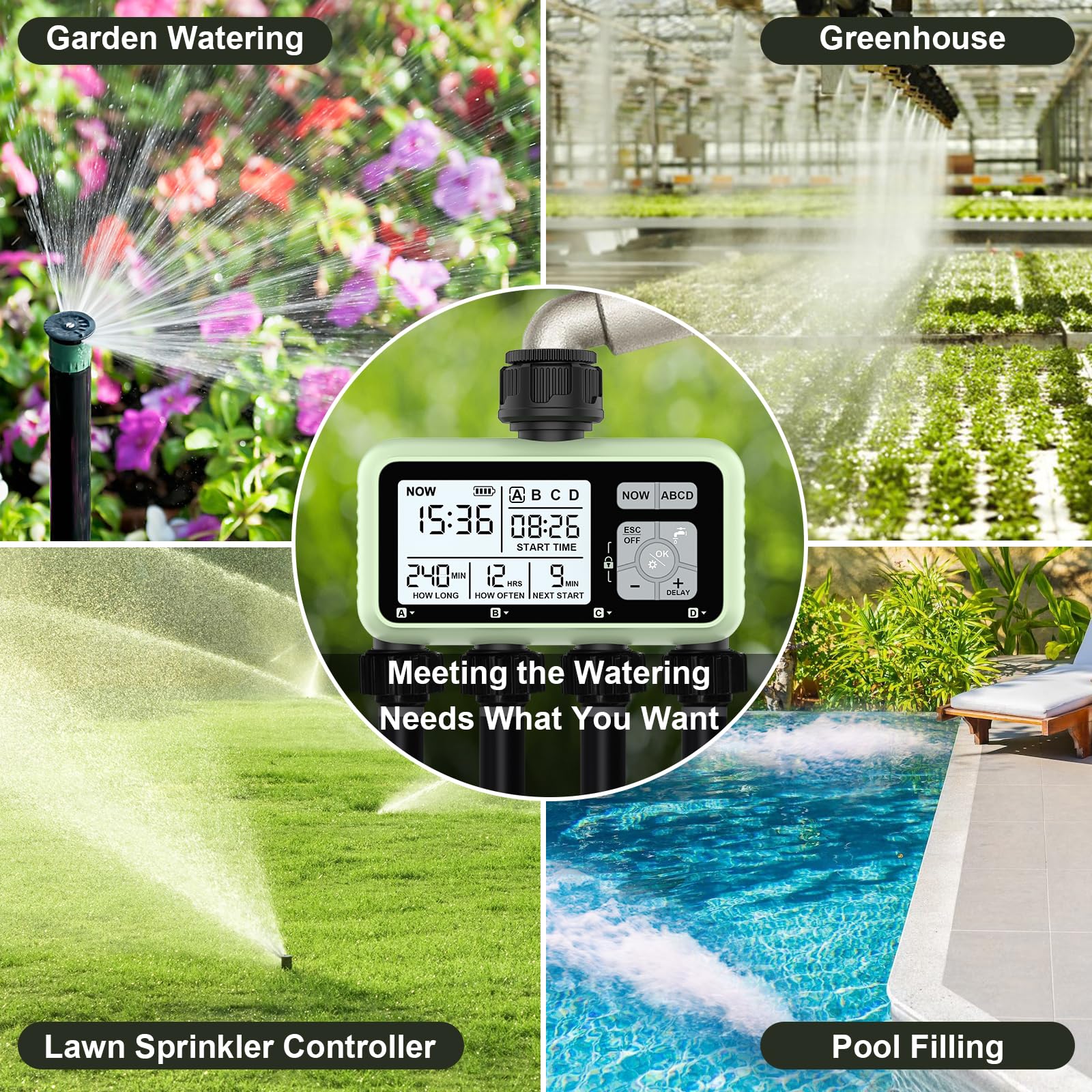 XinFuture 4 Outlet Sprinkler Timer - Programmable Garden Hose Timer with Rain Delay & Waterproof Digital Irrigation Controller for 4 Zones | Automatic & Manual Watering System for Lawn, Garden, Flower Beds & Outdoor Plants