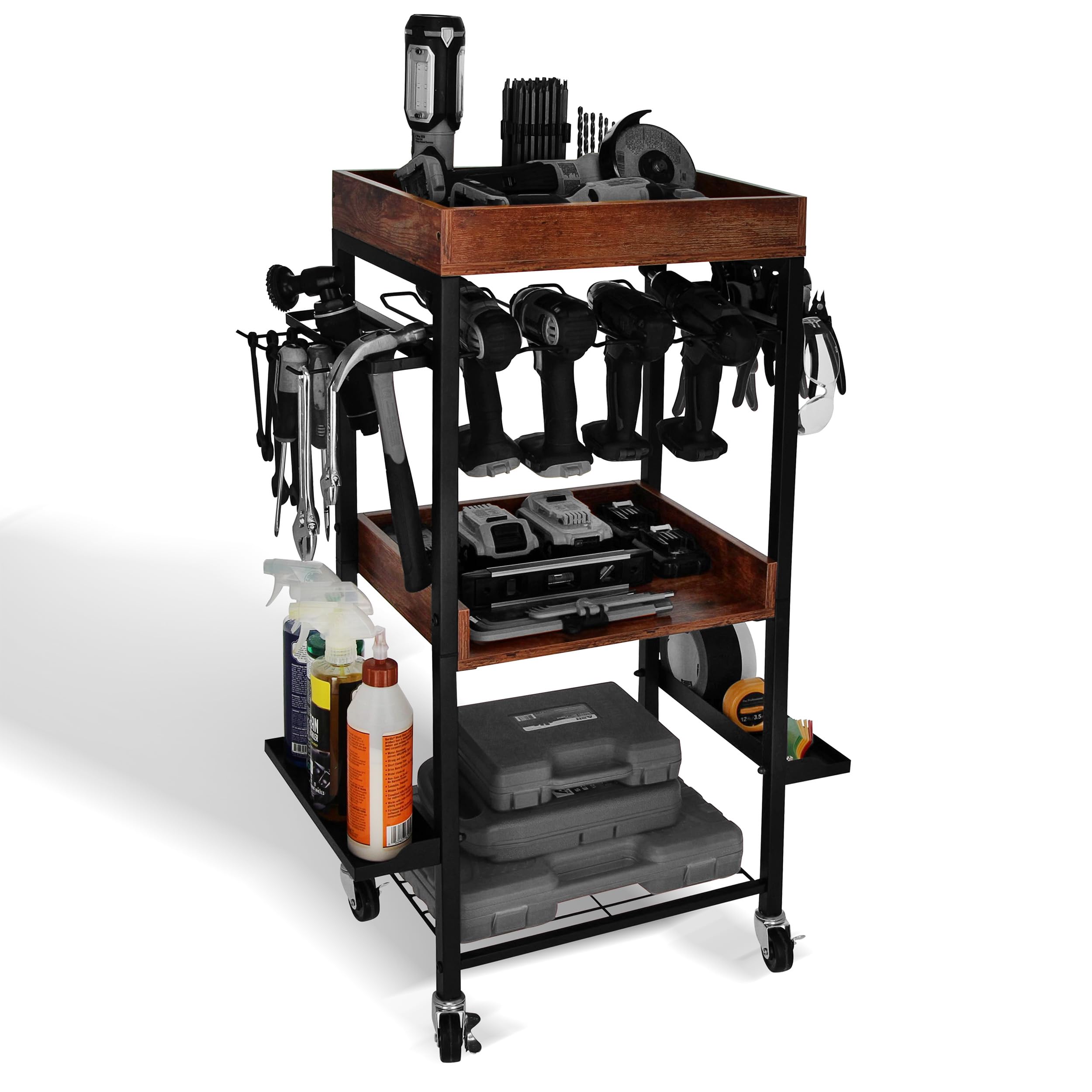 4-Tier Rolling Tool Cart with Drill Storage - Heavy Duty Garage Organizer for Power Tools & Accessories - Perfect for Workshop, Construction Site & DIY Projects