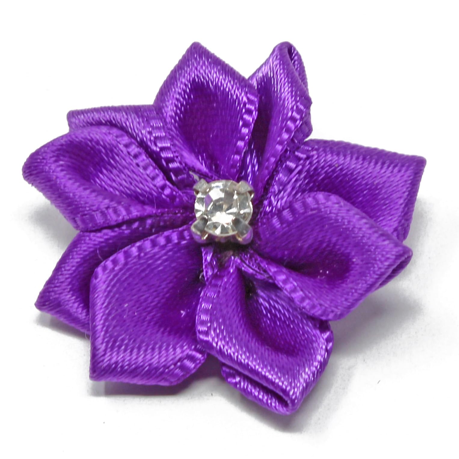 25mm Purple Satin Ribbon Flowers with Rhinestone Center - Pack of 50 DIY Craft Flowers for Wedding Bouquets, Hair Accessories, Gift Wrapping & Home Decor
