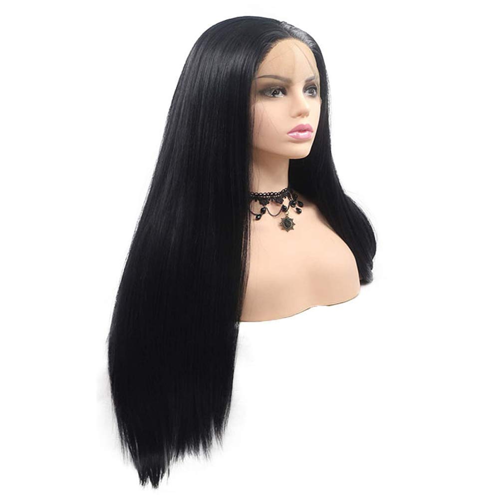 Black Lace Front Wig 24 Inch - Pre Plucked Hairline, Long Straight Real Human Hair Wigs for Women | Glueless, Heat Resistant Synthetic Fiber Wigs with Middle Part | Perfect for Cosplay, Daily Wear & Hair Replacement