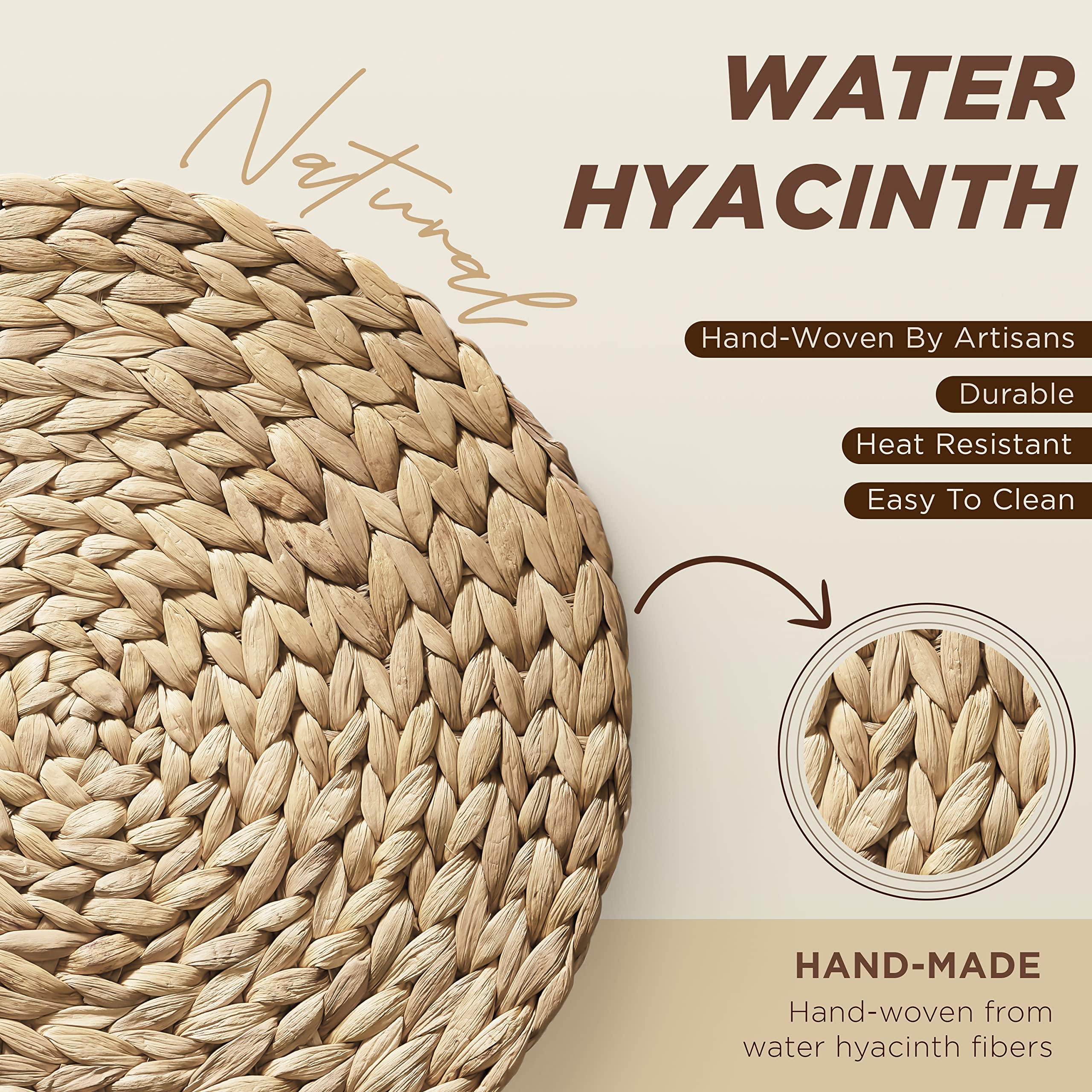 BLUEWEST Woven Round Placemats Set of 10 - 13 Inch Rattan Water Hyacinth Braided Placemats, Heat Resistant & Durable for Plates - Perfect for Dining Table, Kitchen, and Outdoor Entertaining