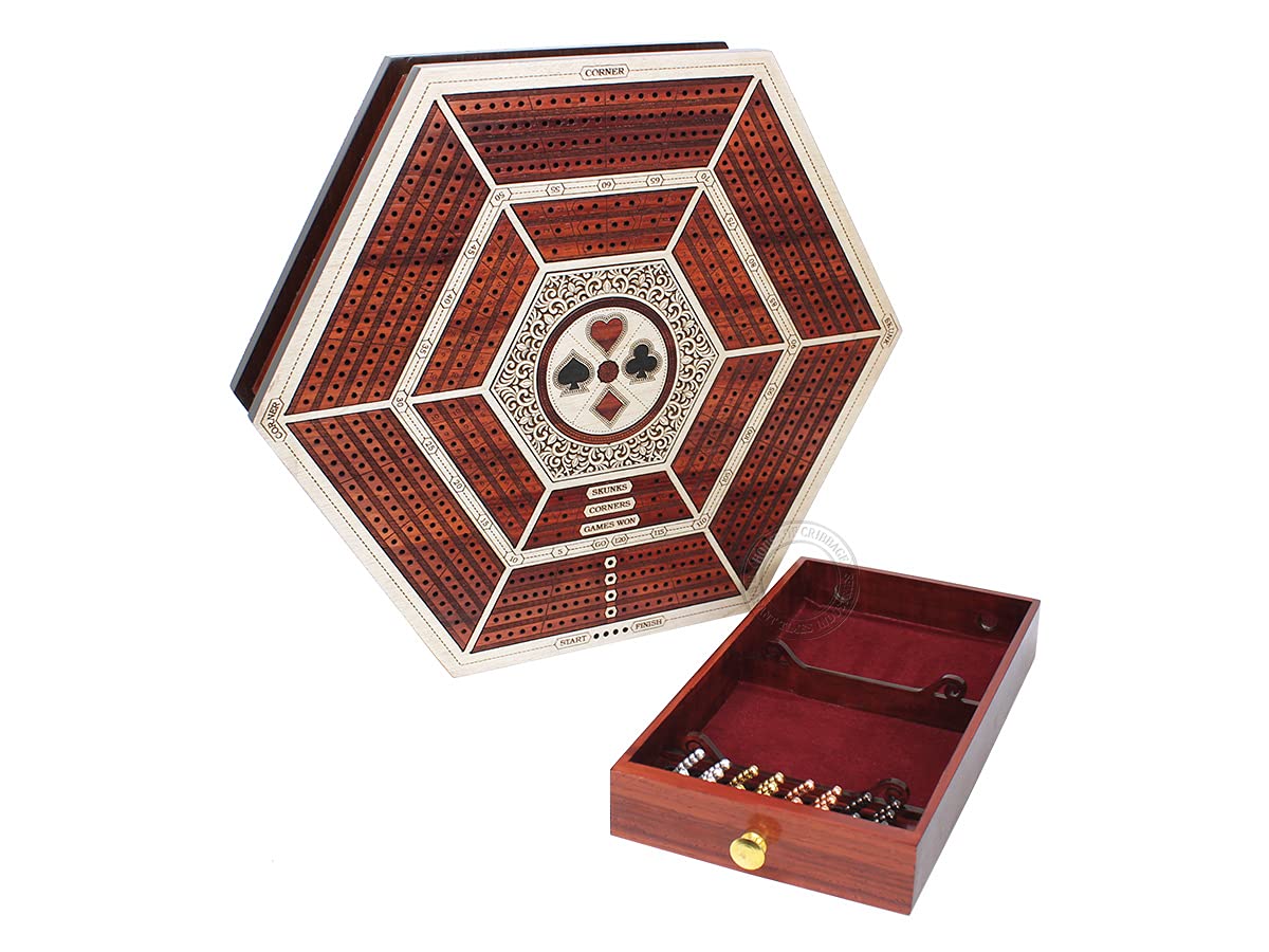Hexagonal Cribbage Board with 4 Continuous Tracks, Drawer Storage & Score Marking - White Maple/Blood Wood - Perfect for Family Game Nights & Travel