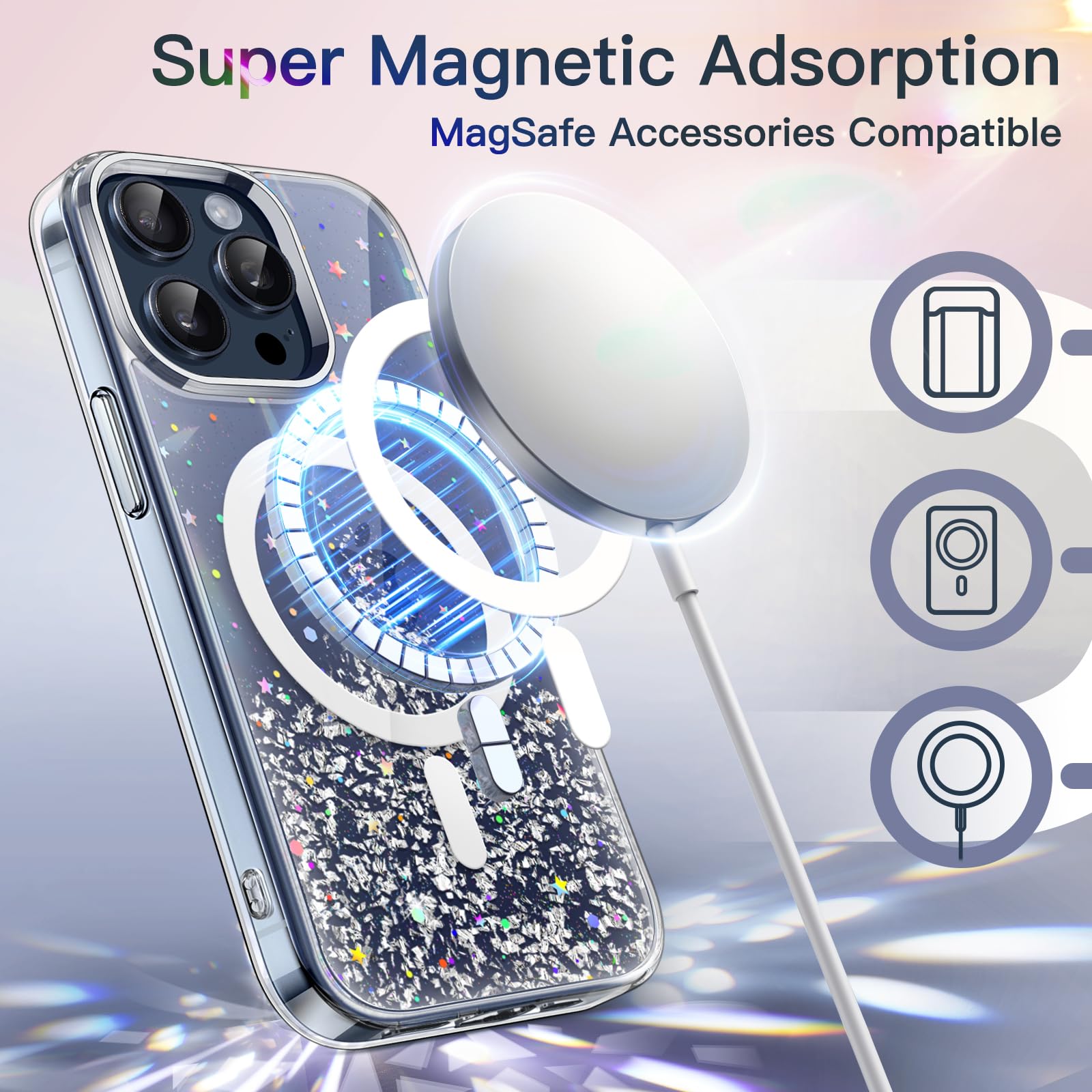 JETech Glitter Magnetic Case for iPhone 15 Pro 6.1 Inch | MagSafe Compatible | Sparkly Clear Shockproof Cover for Women & Girls | Blue Titanium | Perfect for Everyday Use, Parties & Gifts