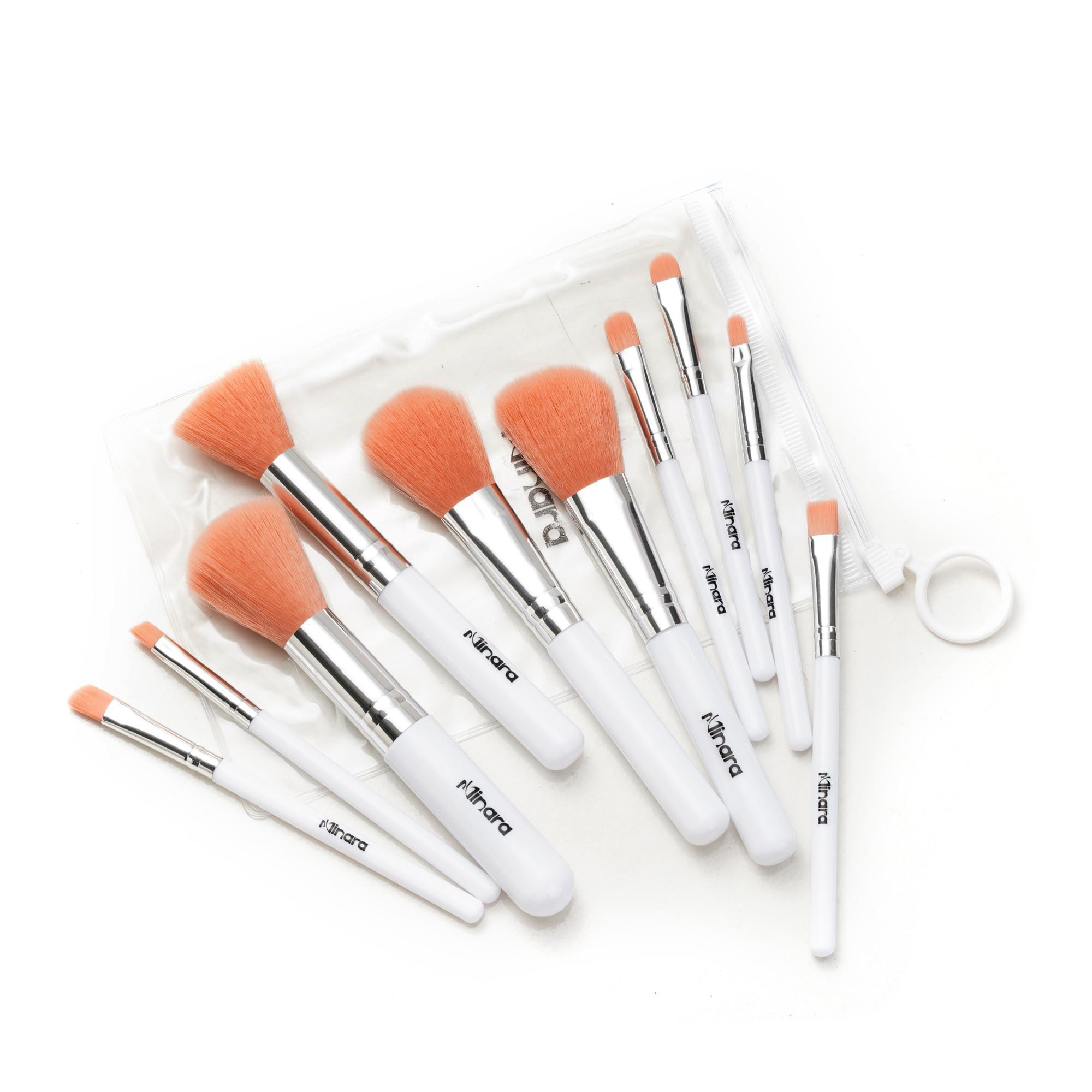 Minara 10-Piece Makeup Brush Set with Travel Pouch (White) | Professional Foundation & Eyeshadow Brushes Kit | Portable Cosmetic Brush Organizer for Women | Perfect for Travel, Home Makeup & Professional Use