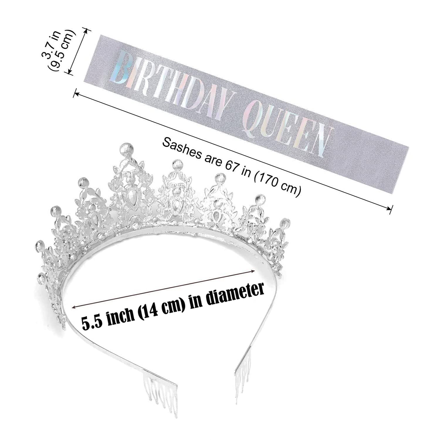 BIRTHDAY QUEEN Sash & Tiara Set for Women - Crystal Rhinestone Crown with Comb & Silver Glitter Satin Sash - Prom Party Hair Accessories & Cake Topper Kit (Silver Set) - Perfect for Birthday Celebrations, Bachelorette Parties & Special Events