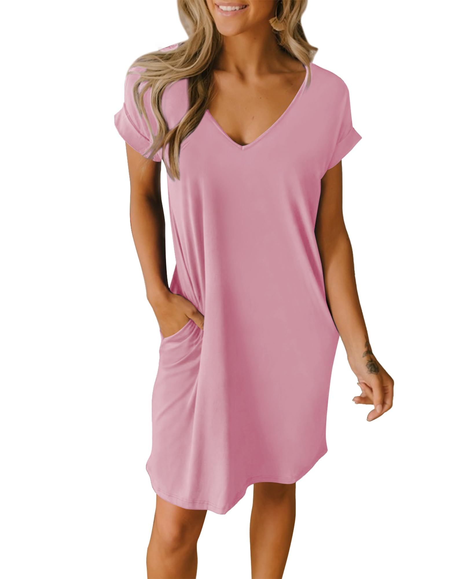 BTFBM Women's V-Neck Short Sleeve Summer Dress 2025 - Casual Loose Tunic T-Shirt Dress with Pockets | Spring Outfits, Beach Cover Up, Sleepwear & Lounge Wear