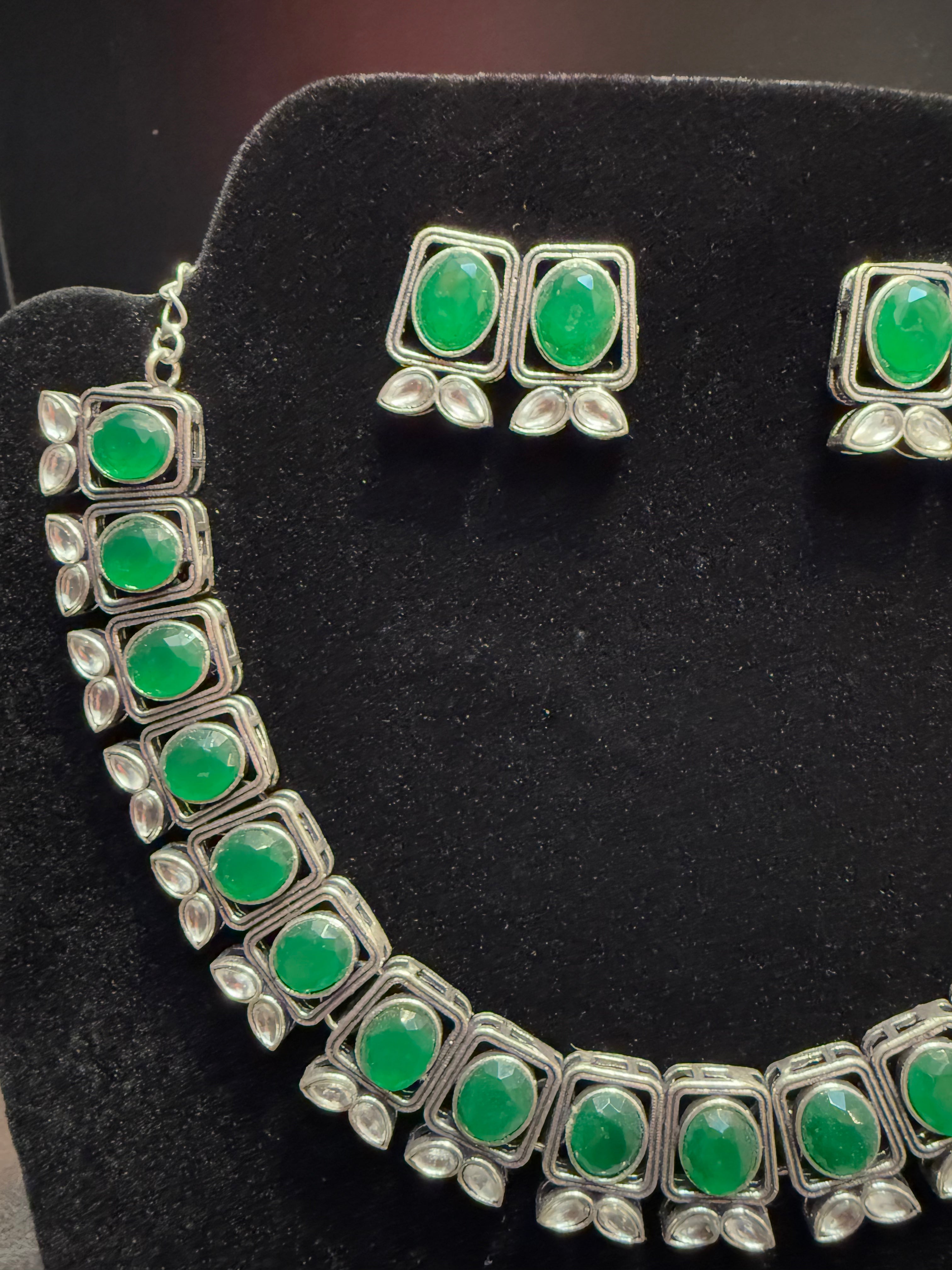 Elegant Green Oxidized Necklace and Earrings Set with Silver Stones | Perfect for Parties, Weddings & Special Occasions