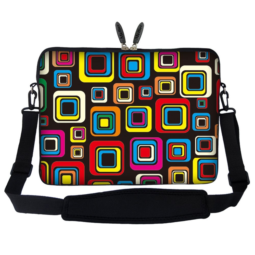 Meffort 17-17.3 Inch Neoprene Laptop Sleeve Case with Hidden Handle & Adjustable Shoulder Strap - Colorful Square Pattern - Perfect for MacBook Pro, Dell, HP Laptops - Office, School, Travel Protection