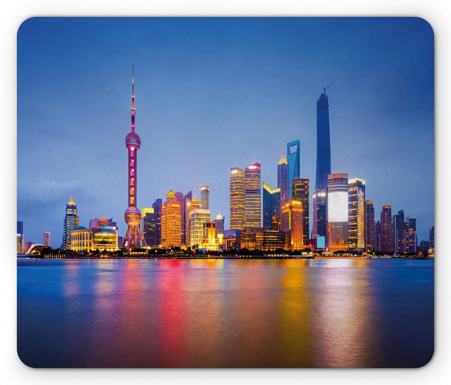 Ambesonne Urban Mouse Pad - Shanghai City Skyline on Huangpu River at Dusk, Non-Slip Rubber Mousepad (Standard Size, Blue Pink Yellow) | Perfect for Office, Gaming & Travel Enthusiasts