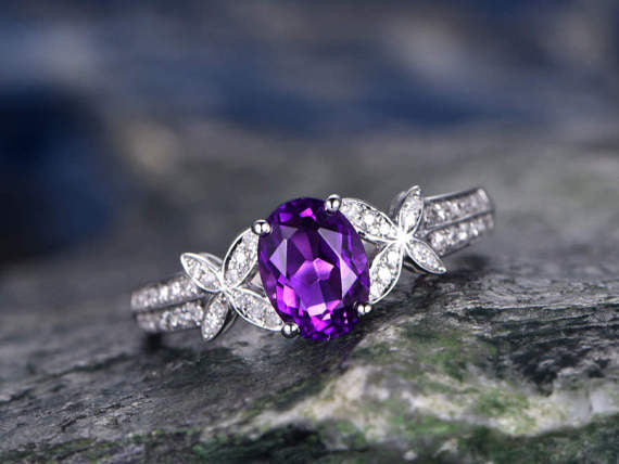 14K White Gold Handmade Purple Amethyst Engagement Ring - 6x8mm Oval Cut Diamond Butterfly Flower Promise Ring for Women | Wedding, Anniversary, Valentine's Day Gift