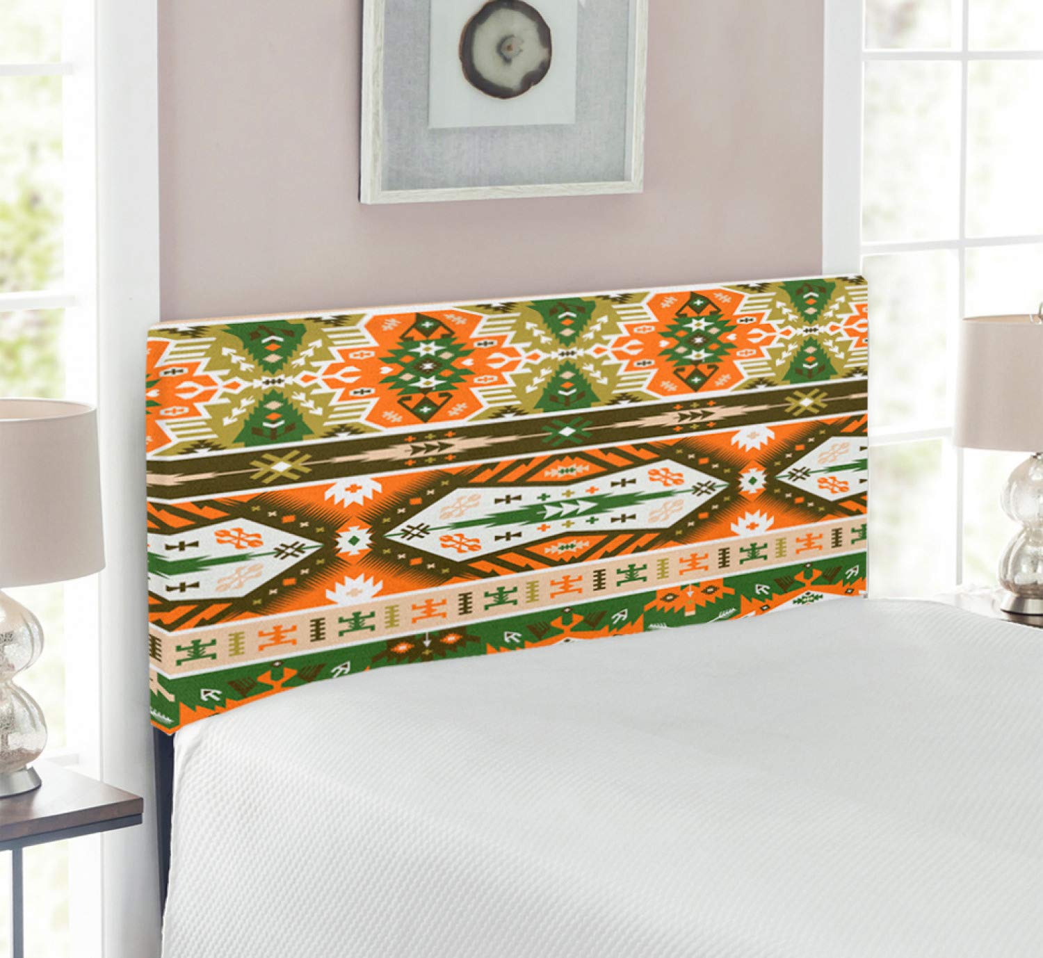 Ambesonne Tribal Headboard - Aztec Mayan Style Upholstered Metal Bed Headboard with Memory Foam | Twin Size Green Brown Amber Stripes Design | Perfect for Bohemian & Ethnic Bedroom Decor