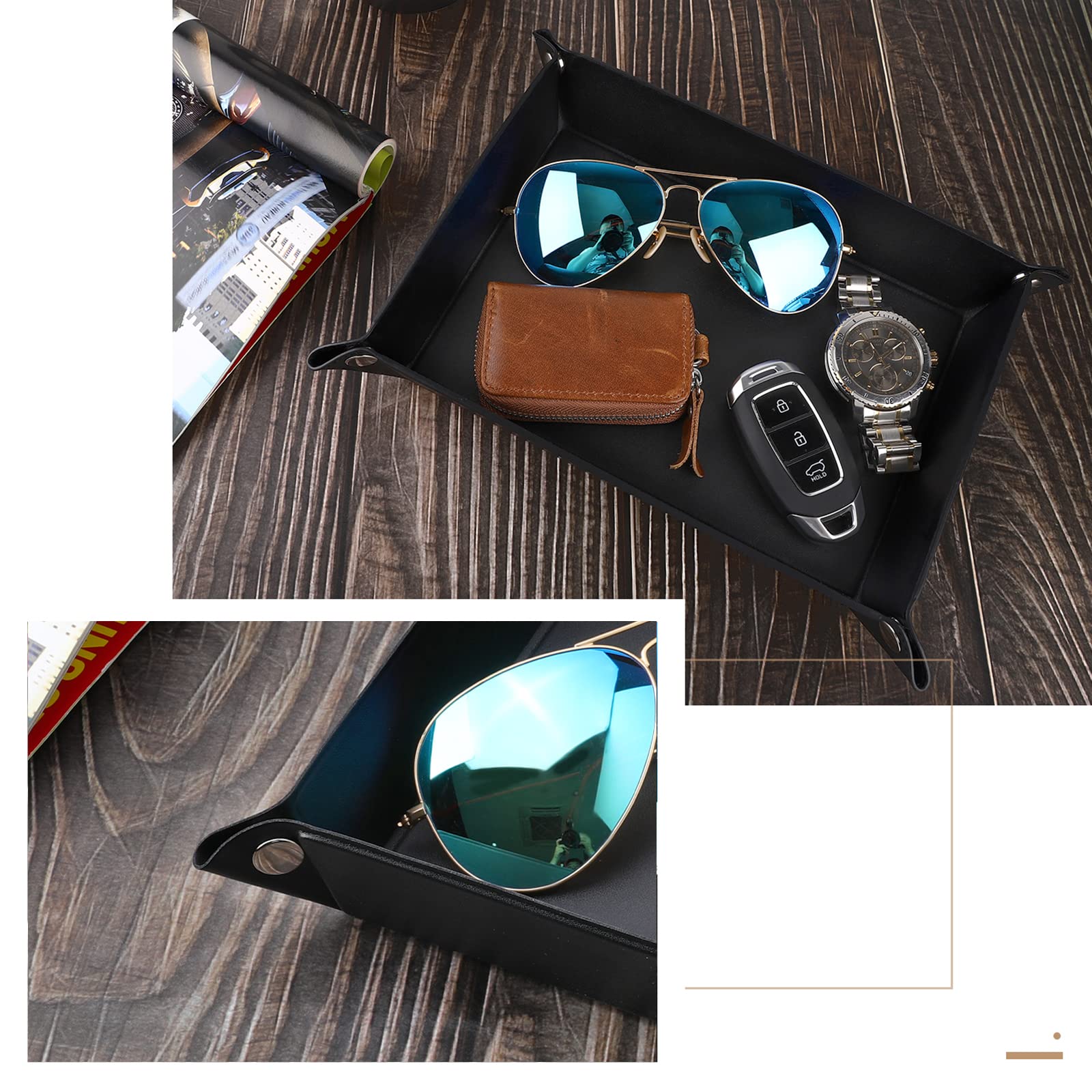 Luxspire PU Leather Valet Tray - Medium Size Black Catchall Organizer for Jewelry, Keys, Coins, Phone & Wallet | Desk Storage Solution for Men & Women | Perfect for Nightstand, Dresser & Entryway Organization