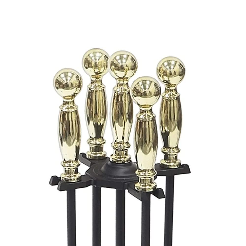 Premium Brass Fireplace Tool Set - 5-Piece Poker, Shovel, Brush, Tongs & Stand - Heavy Duty & Rust-Resistant for Indoor & Outdoor Fire Pits, Wood Stoves & Fireplaces