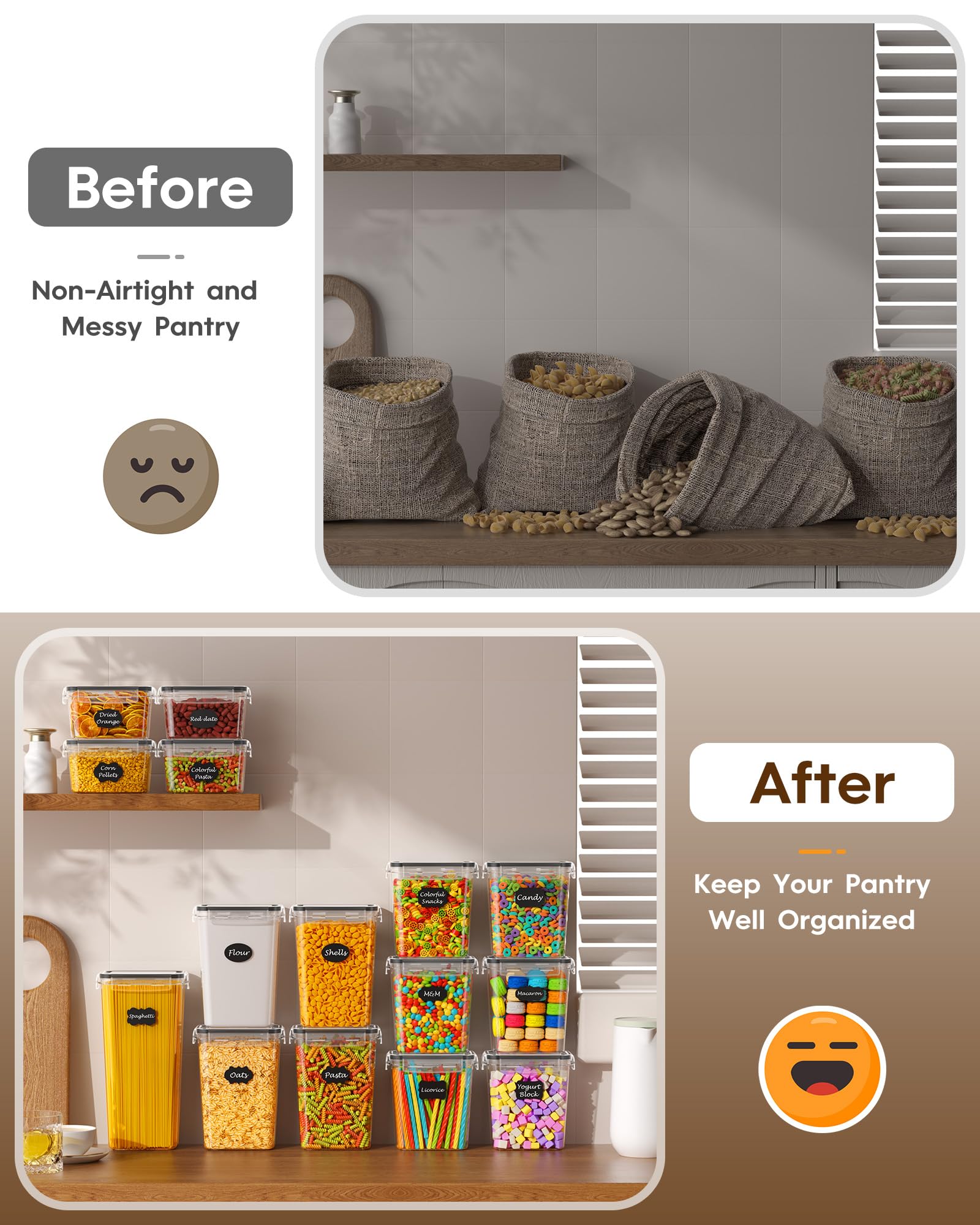 15-Pack Airtight Food Storage Containers with Lids - BPA-Free Plastic Kitchen Organizers for Cereal, Flour, Sugar, Pasta & Dry Food - Includes Labels & Marker - Perfect for Pantry, Baking & Meal Prep Organization