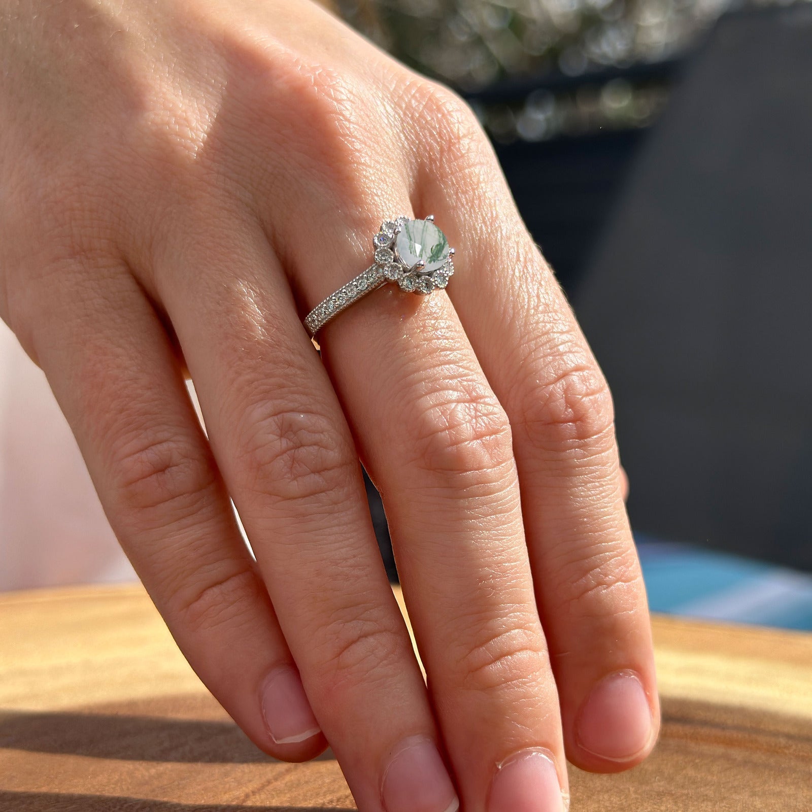 14K Yellow Gold Round Natural Green Moss Agate Vintage Style Flower Ring for Women - Elegant Boho Jewelry Gift for Birthday, Anniversary & Special Occasions