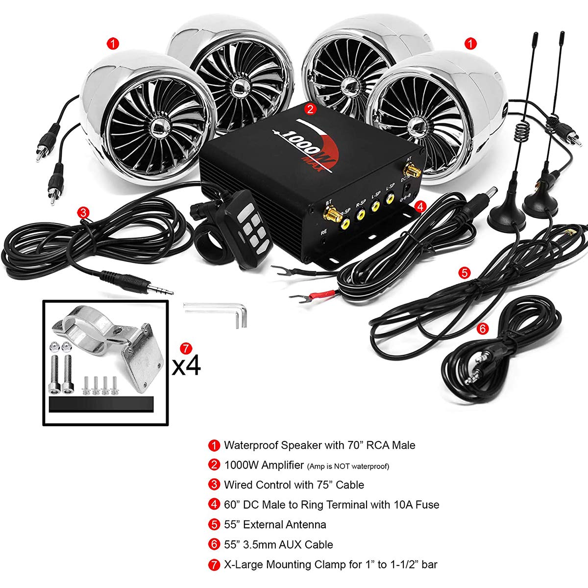 Aileap 1000W 4 Channel Waterproof Bluetooth Motorcycle Amplifier & Speaker System with FM Radio - 4