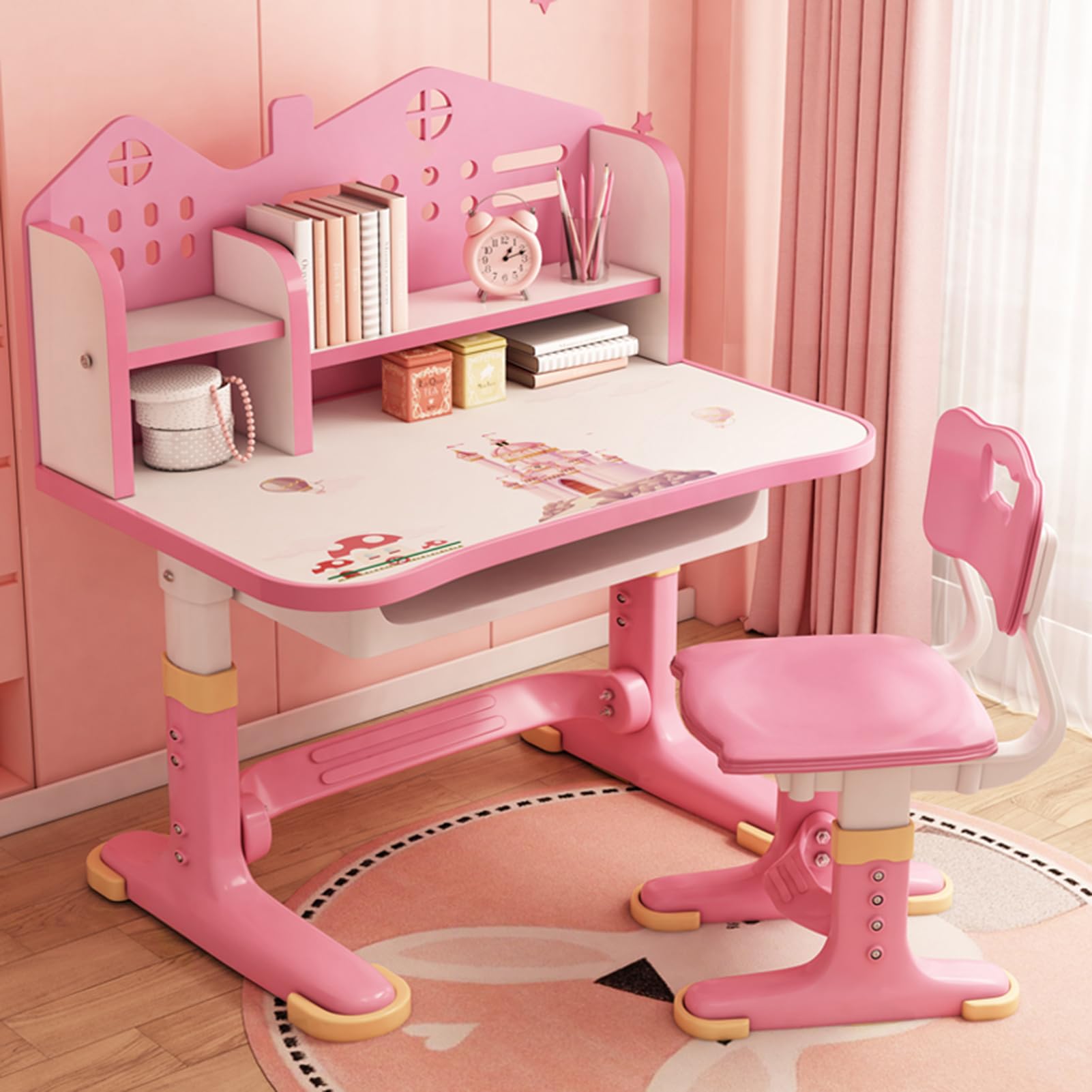 Adjustable Kids Study Desk and Chair Set with Spacious Storage Drawer - Widened Toddler Writing Table for Home & School Learning - Pink (Perfect for Homework, Drawing & Online Classes)
