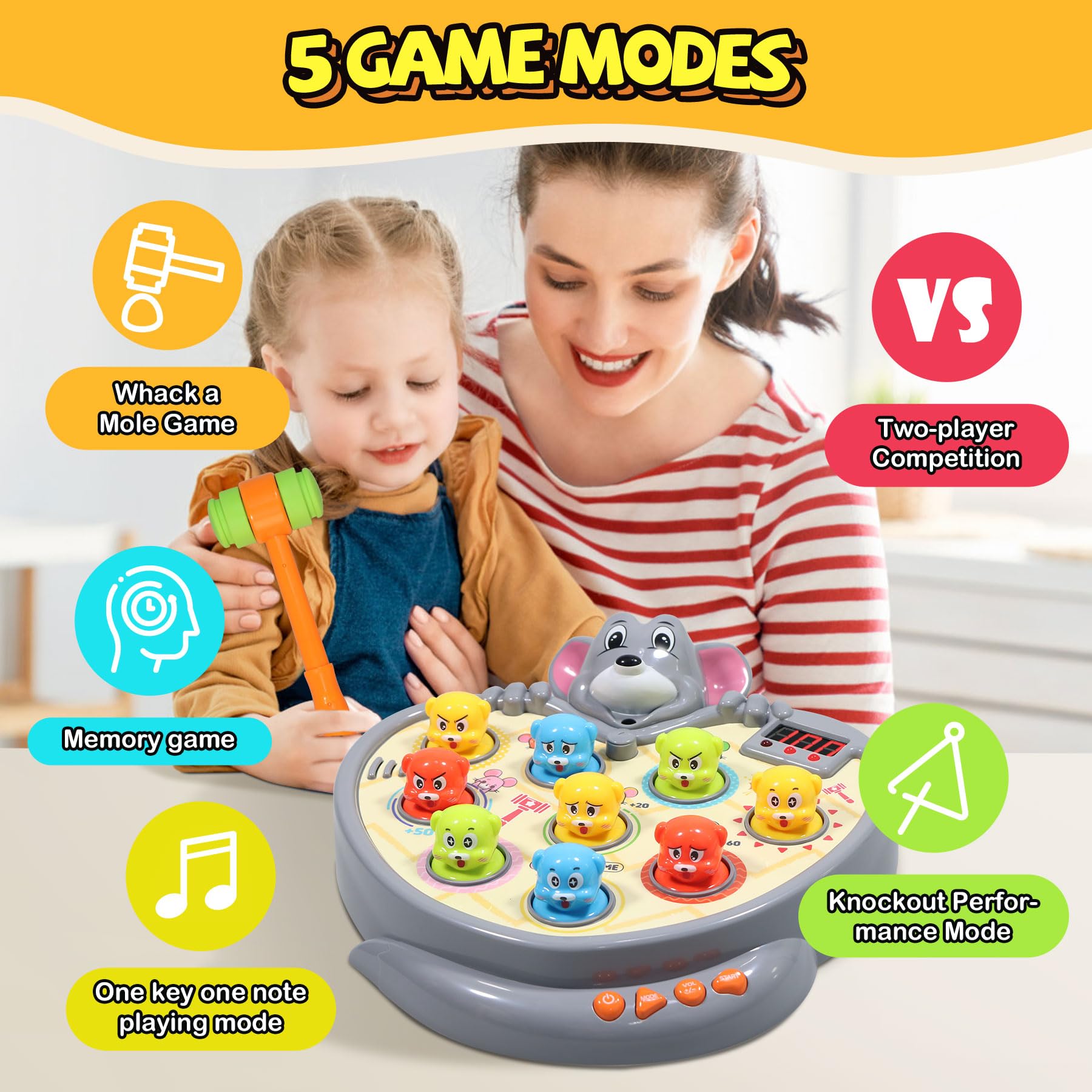 **Whack a Mole Game for Kids - Interactive Hammer Toy with 5 Game Modes, 9 Music & Light Effects - Educational Toddler Learning Toy for Boys & Girls Ages 3+ - Perfect Birthday Gift for Preschoolers (Great for Indoor Play & Early Childhood Development)**