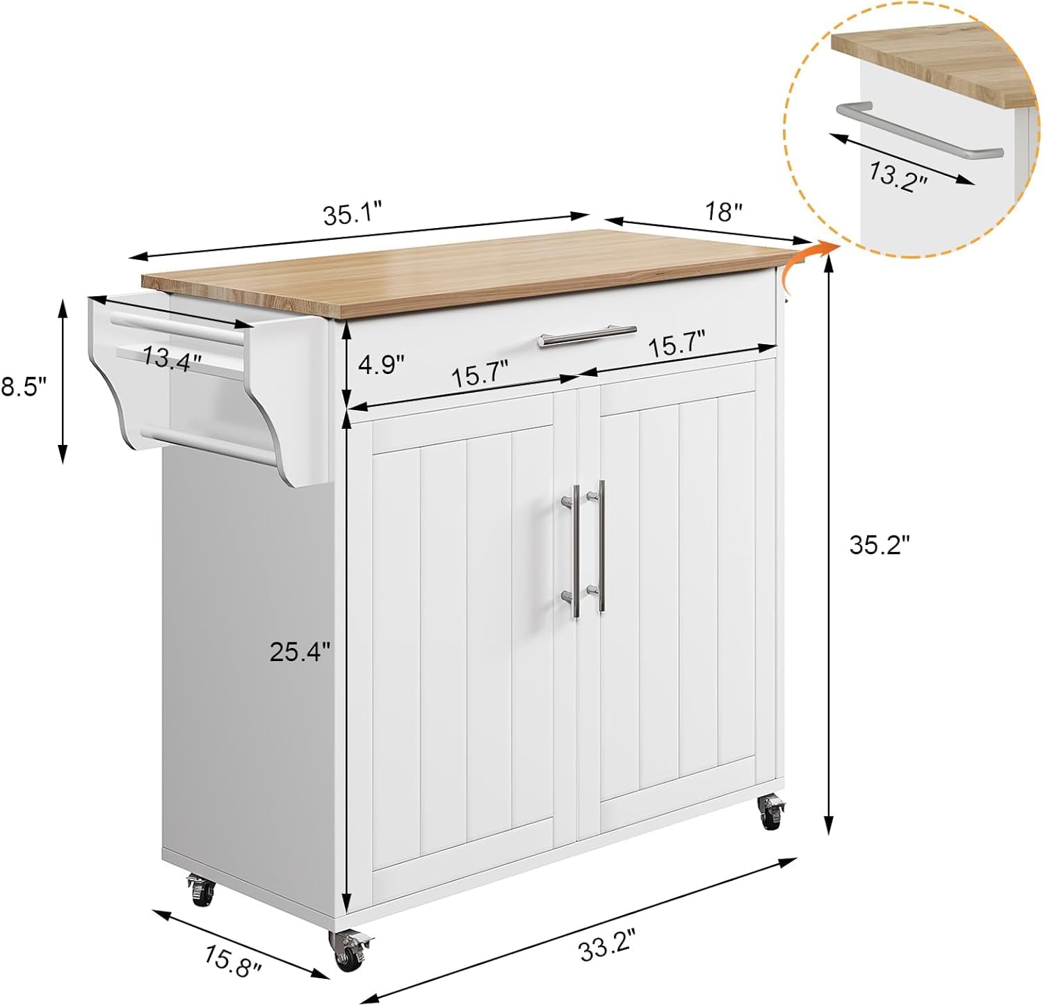 Wooden Rolling Kitchen Island Cart with Countertop - Mobile Kitchen Storage on Wheels, Includes Towel Rack, Spice Rack & Drawers - White | Perfect for Small Kitchens, Apartments & Food Prep Stations