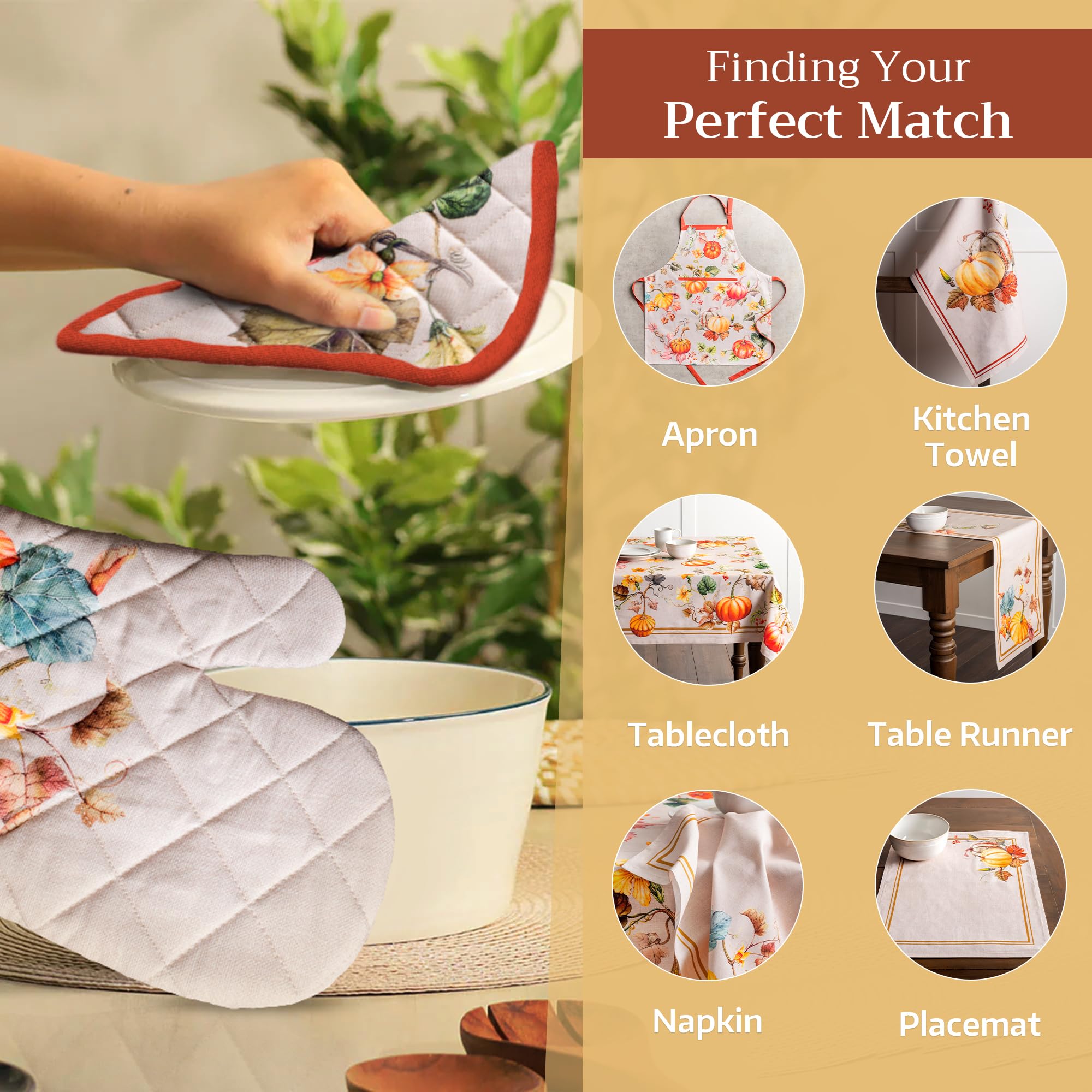 Hermine Cotton Oven Mitt and Pot Holder Set - Heat Resistant Kitchen Gloves for Baking, Cooking, BBQ (7.5x13 & 8x8 Inches) - Soft & Durable Cotton Pot Holders - Perfect for Thanksgiving, Christmas, and Holiday Cooking Gifts
